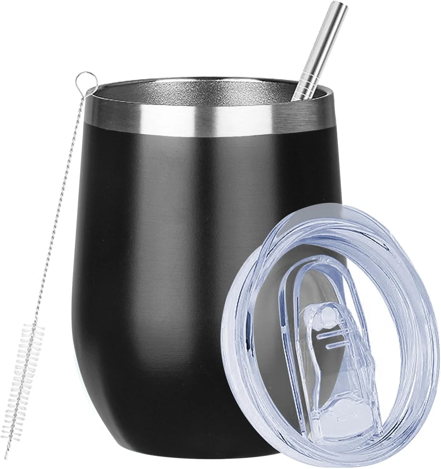 لیوان عایق شراب MEZMUT، 350 میلی لیتر، با درب، دو جداره، استیل ضد زنگ، لیوان قهوه، فنجان عایق برای شامپاین، کوکتل، آبجو (مشکی، 1 عدد)