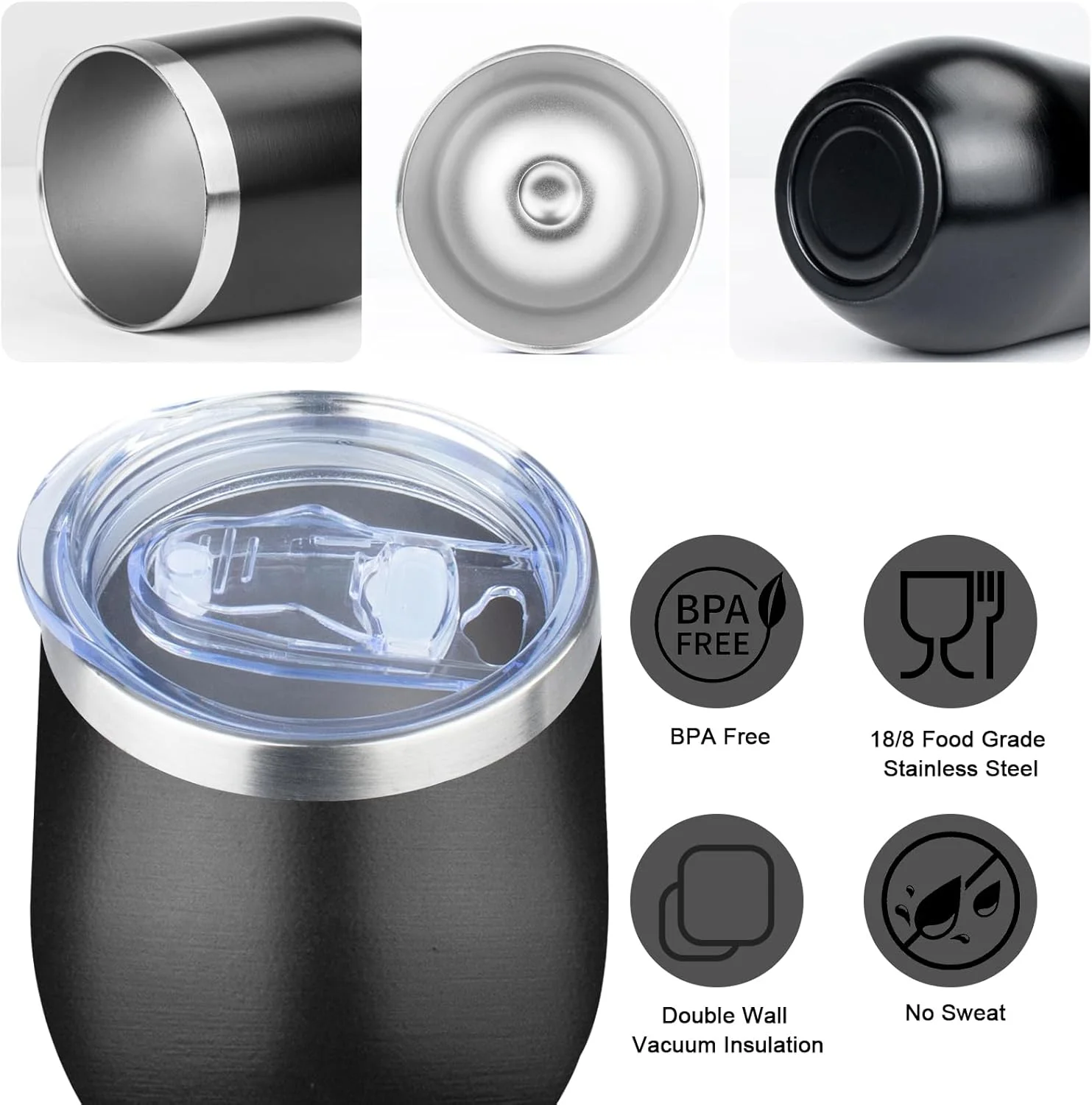 لیوان عایق شراب MEZMUT، 350 میلی لیتر، با درب، دو جداره، استیل ضد زنگ، لیوان قهوه، فنجان عایق برای شامپاین، کوکتل، آبجو (مشکی، 1 عدد)