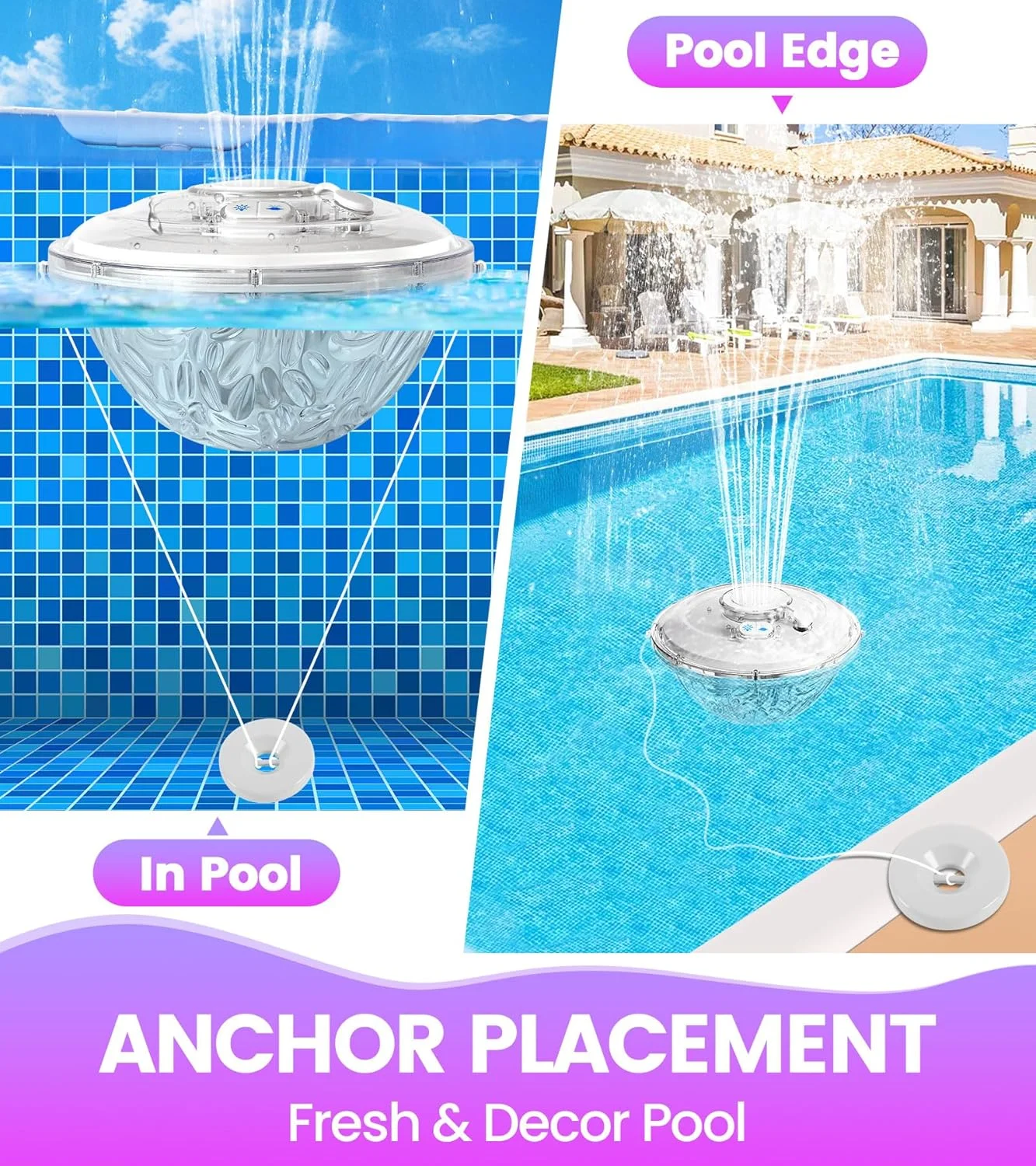 فواره شناور استخر با نمایش نور زیر آب، فواره آبی قابل شارژ استخر، آبشار فواره استخر بالای زمین، فواره های استخر شنا برای استخر داخل زمین - سفید