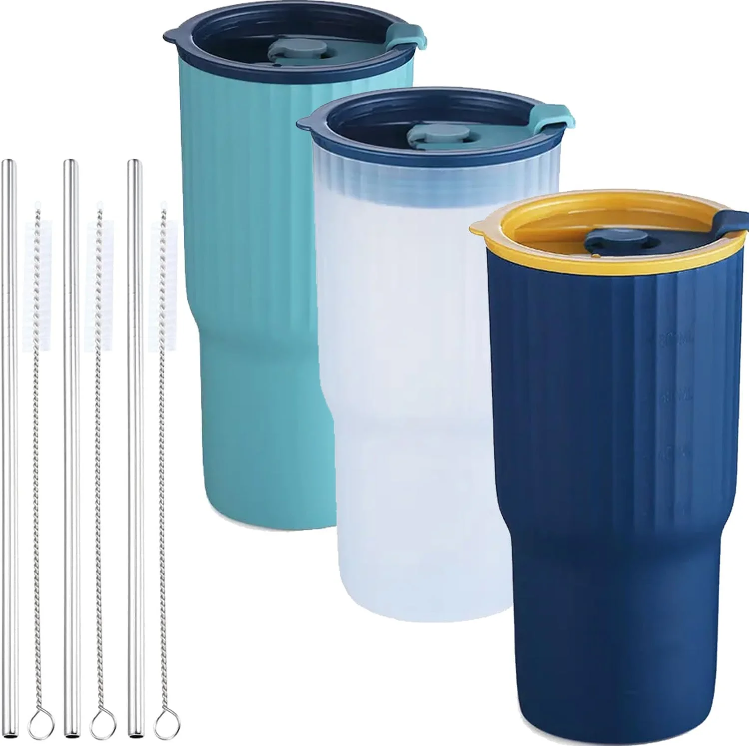 ست ۳ تایی لیوان عایق بندی شده با درب و نی استیل | لیوان های مسافرتی/لیوان نوشیدنی ضد ریزش و قابل استفاده مجدد ۶۵۰ میلی لیتر/۲۱ اونس | فاقد BPA برای آب، آبمیوه، قهوه سرد، اسموتی، برای کودکان و بزرگسالان