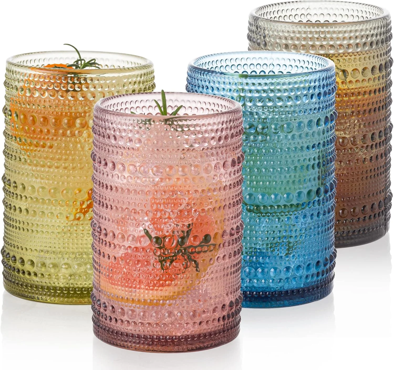 ست ظروف شیشه ای قدیمی - 4 عدد لیوان نوشیدنی چند رنگ با طرح برجسته، مناسب برای آبجو، کوکتل، نوشابه و آبمیوه