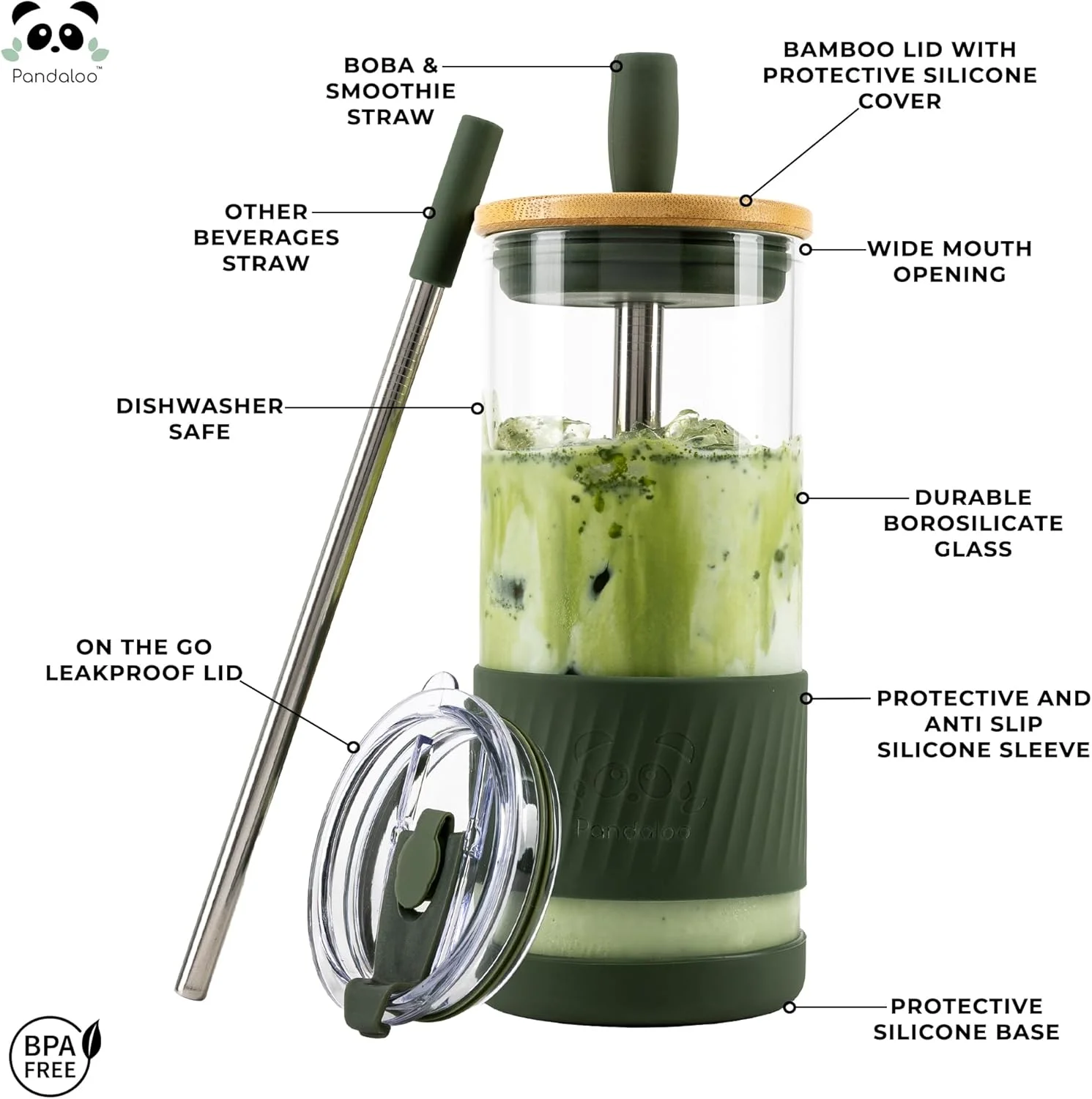 لیوان شیشه ای با درب و نی - 590 میلی لیتر - اندازه ایده آل برای قهوه سرد - لیوان اسموتی با درب بامبو و درب بیرون بر - لیوان شیشه ای با نی (1 عدد، زیتون مدیترانه ای)