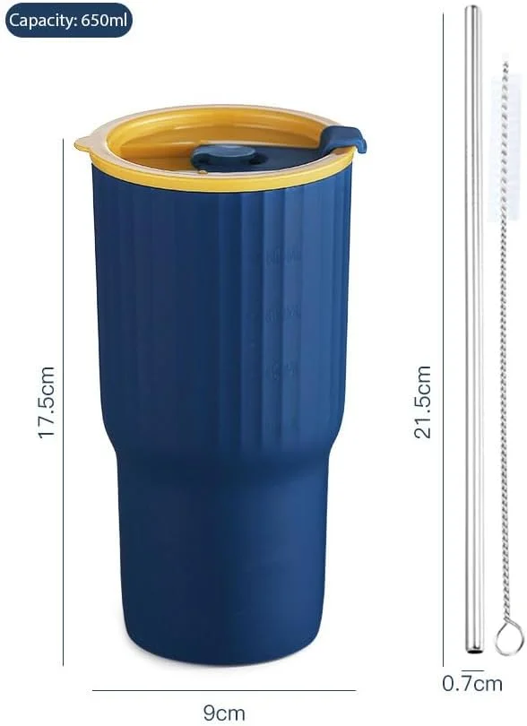 ست ۳ تایی لیوان عایق بندی شده با درب و نی استیل | لیوان های مسافرتی/لیوان نوشیدنی ضد ریزش و قابل استفاده مجدد ۶۵۰ میلی لیتر/۲۱ اونس | فاقد BPA برای آب، آبمیوه، قهوه سرد، اسموتی، برای کودکان و بزرگسالان