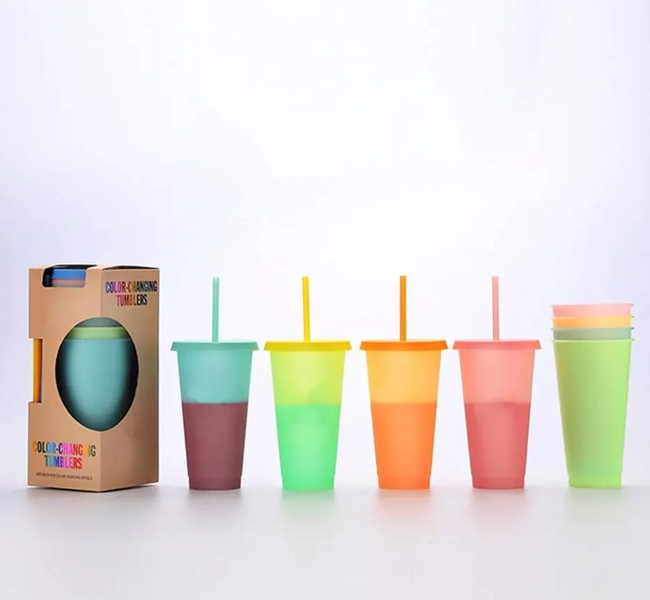 لیوان های تغییر رنگ دهنده Premify، لیوان های پلاستیکی قابل استفاده مجدد با درب و نی، لیوان های جادویی رنگی برای نوشیدنی های سرد، قهوه، مسافرت - لیوان نوشیدنی سرد 700 میلی لیتری برای بزرگسالان و کودکان (5 عدد)