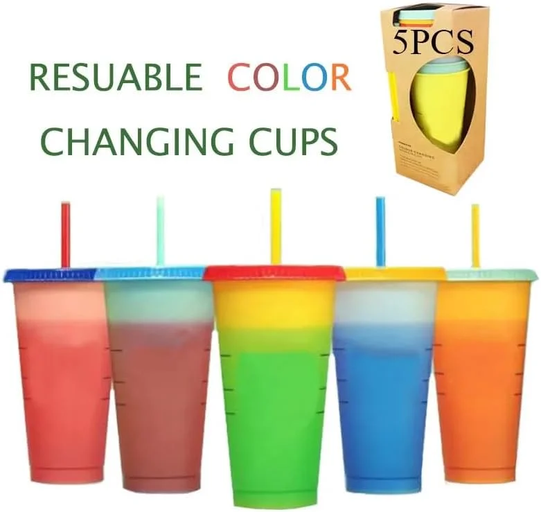 لیوان های تغییر رنگ دهنده Premify، لیوان های پلاستیکی قابل استفاده مجدد با درب و نی، لیوان های جادویی رنگی برای نوشیدنی های سرد، قهوه، مسافرت - لیوان نوشیدنی سرد 700 میلی لیتری برای بزرگسالان و کودکان (5 عدد)