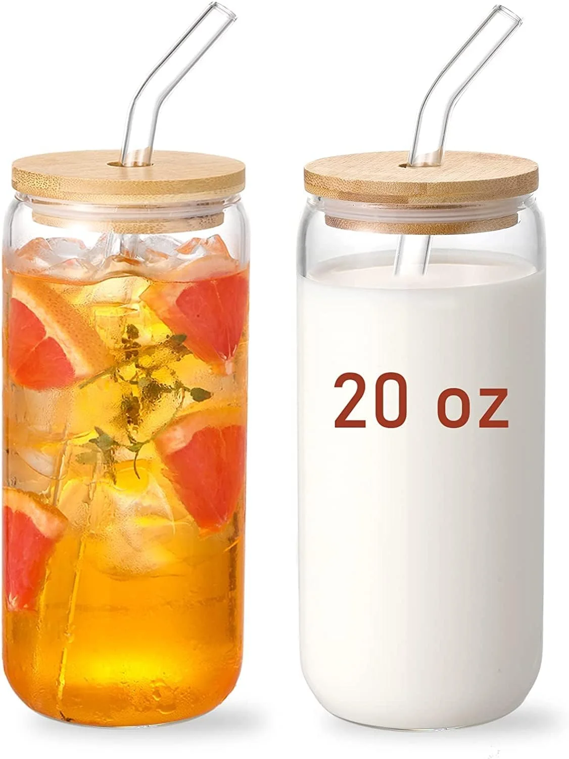 لیوان های شیشه ای PSKIES با درب بامبو و نی شیشه ای - ست لیوان نوشیدنی، لیوان قهوه سرد، لیوان فانتزی، لوازم جانبی قهوه زیبا، هدیه - بسته 2 عددی