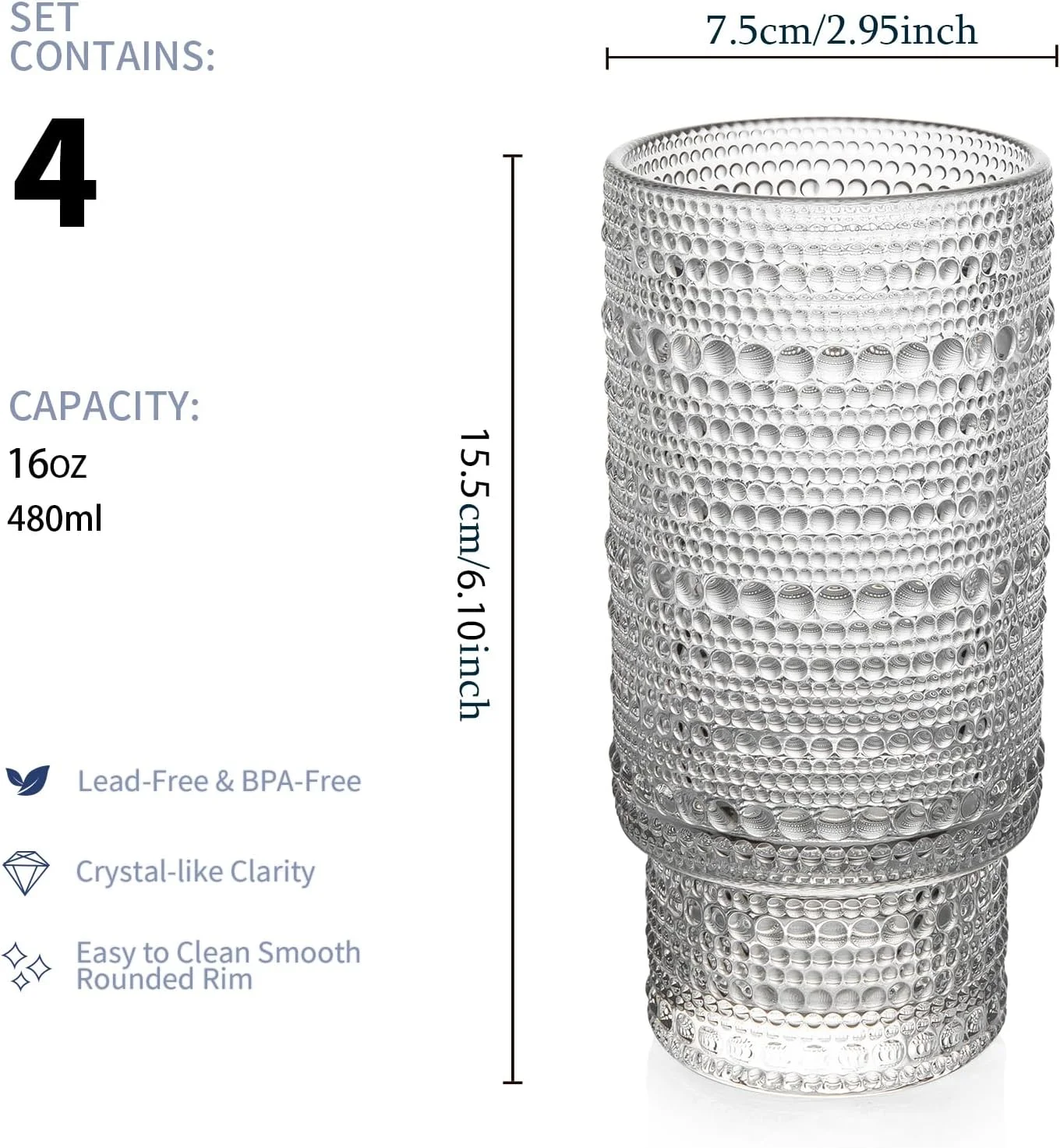 ست لیوان بلند شیشه ای شیک POLIDREAM - لیوان های XL با حجم 473 میلی لیتر - نوشیدنی های ترکیبی، قهوه سرد، آبجو، آبمیوه، آب - طرح های دانه دار، مهره دار - ست 4 عددی | مجموعه شیک برای هر مناسبت