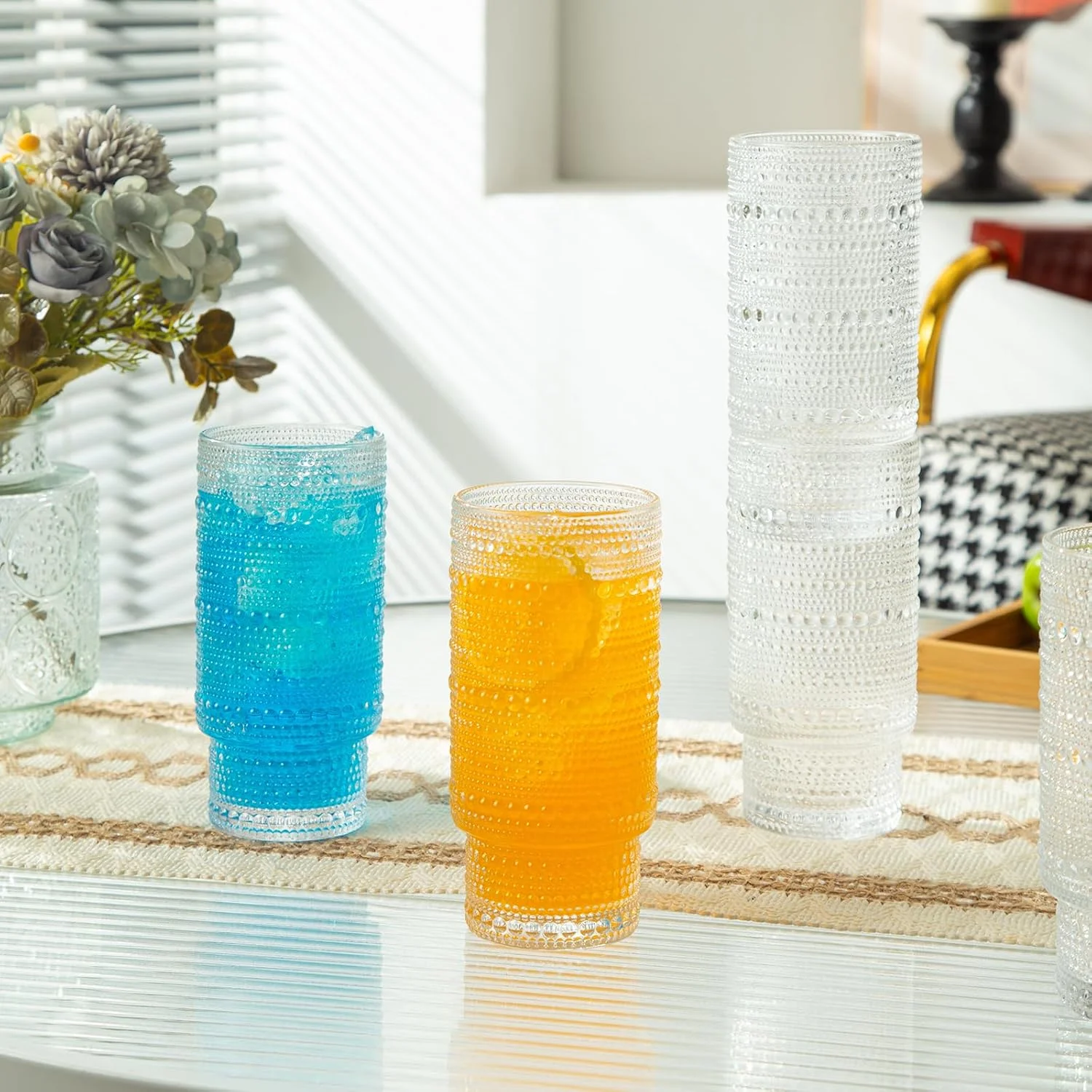 ست لیوان بلند شیشه ای شیک POLIDREAM - لیوان های XL با حجم 473 میلی لیتر - نوشیدنی های ترکیبی، قهوه سرد، آبجو، آبمیوه، آب - طرح های دانه دار، مهره دار - ست 4 عددی | مجموعه شیک برای هر مناسبت