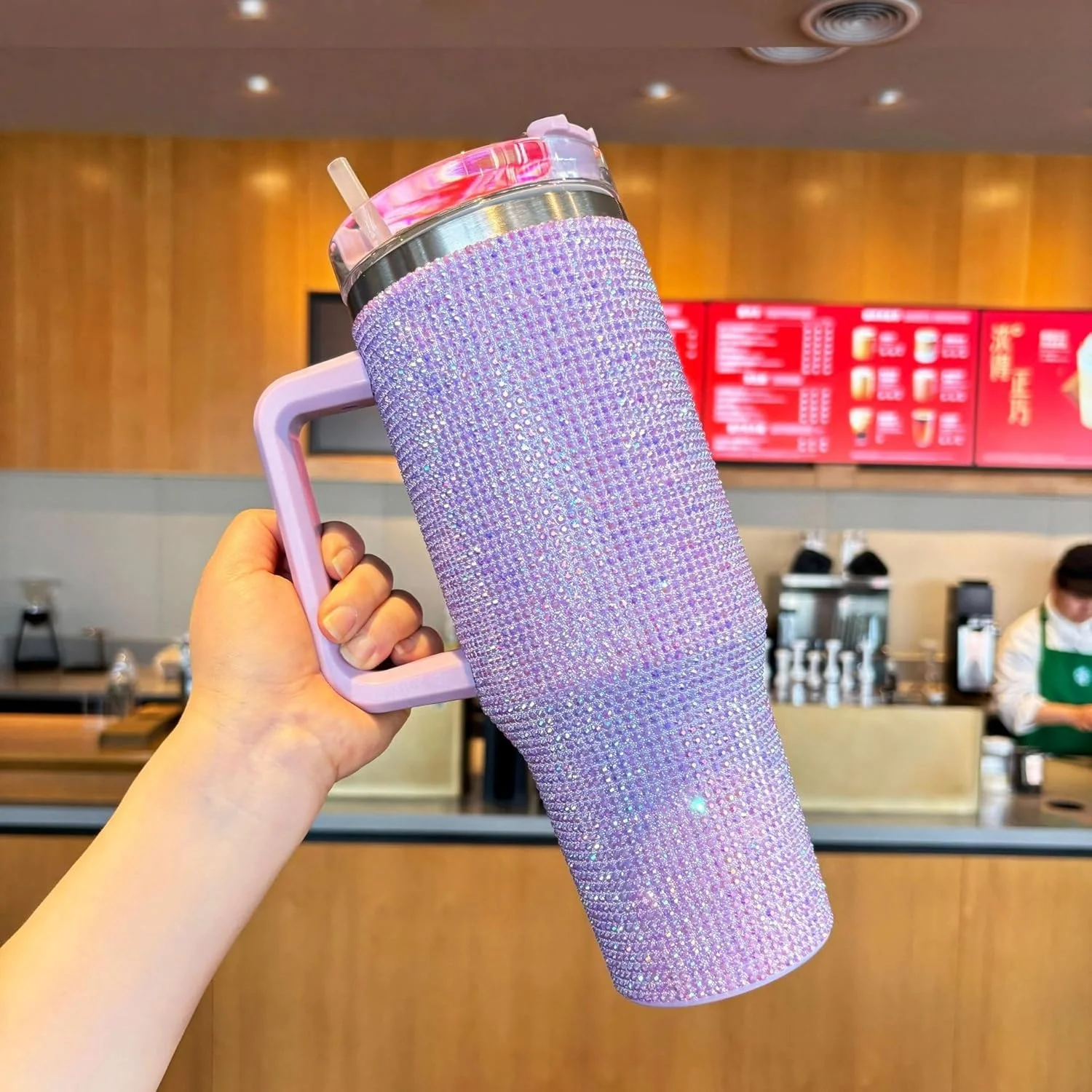 ماگ قهوه بنفش الماسی 1200 میلی لیتری | ماگ مسافرتی استیل دو جداره - آستر داخلی 304 + بدنه ضد ضربه، لیوان و قمقمه های عایق شده فشن تزئین شده با سنگ های قیمتی