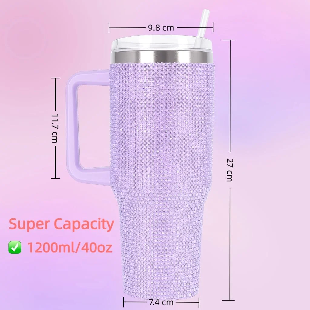 ماگ قهوه بنفش الماسی 1200 میلی لیتری | ماگ مسافرتی استیل دو جداره - آستر داخلی 304 + بدنه ضد ضربه، لیوان و قمقمه های عایق شده فشن تزئین شده با سنگ های قیمتی