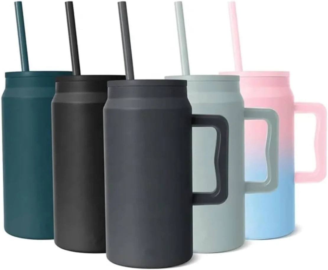 ماگ سفری استیل ضد زنگ دوجداره با نی، درب ضد نشت، فلاسک عایق برای منزل، محل کار و مسافرت (مشکی)