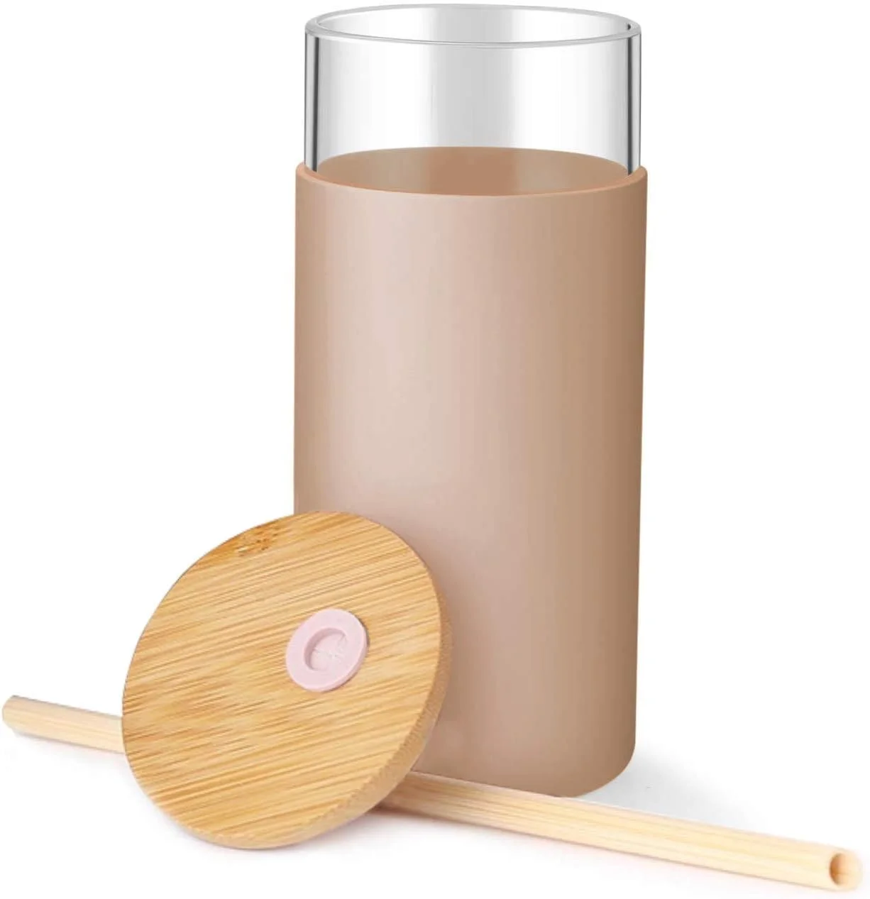 لیوان شیشه ای 480 میلی لیتری QPLUS، بطری آب شیشه ای با نی، آستین محافظ سیلیکونی، درب بامبو - بدون BPA