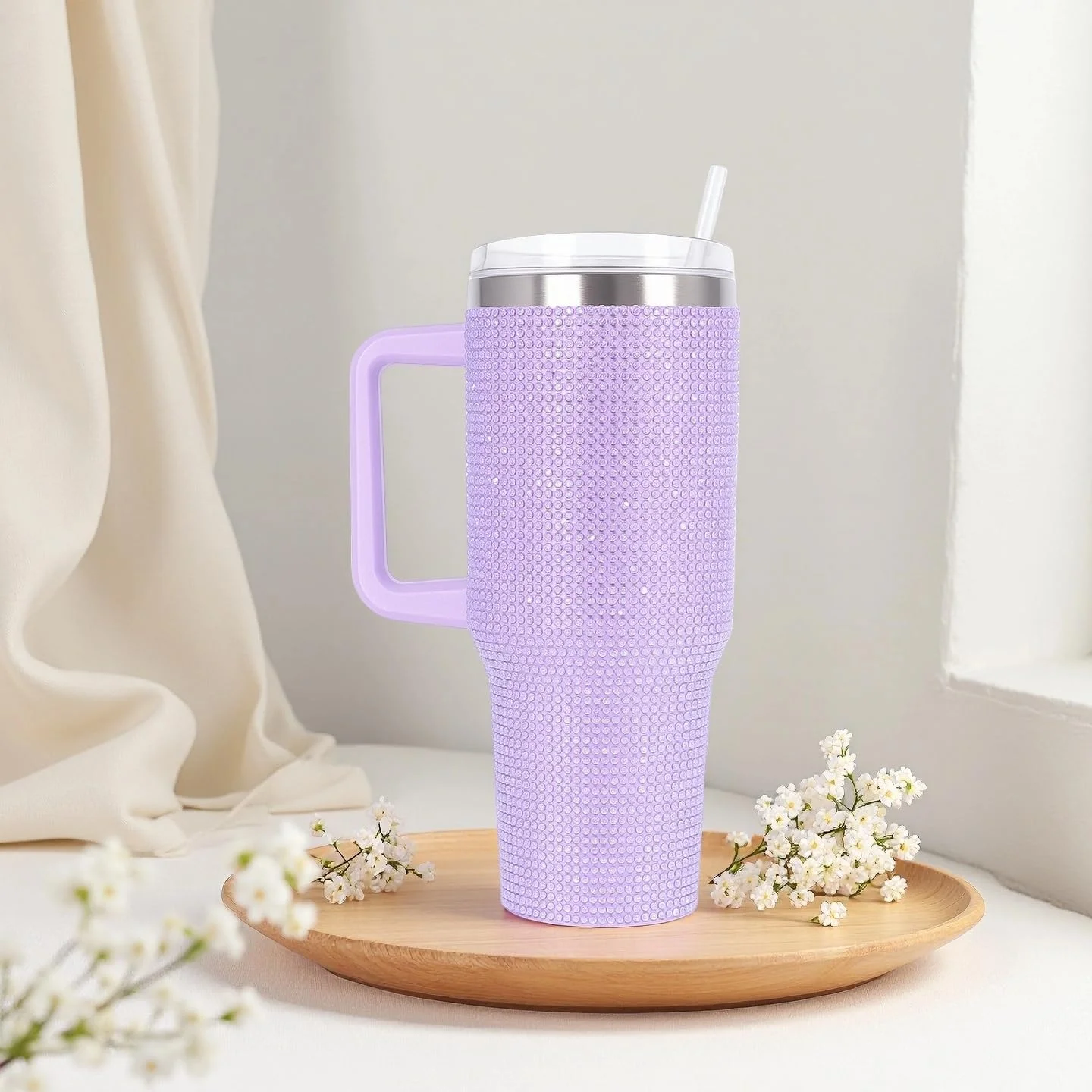 ماگ قهوه بنفش الماسی 1200 میلی لیتری | ماگ مسافرتی استیل دو جداره - آستر داخلی 304 + بدنه ضد ضربه، لیوان و قمقمه های عایق شده فشن تزئین شده با سنگ های قیمتی