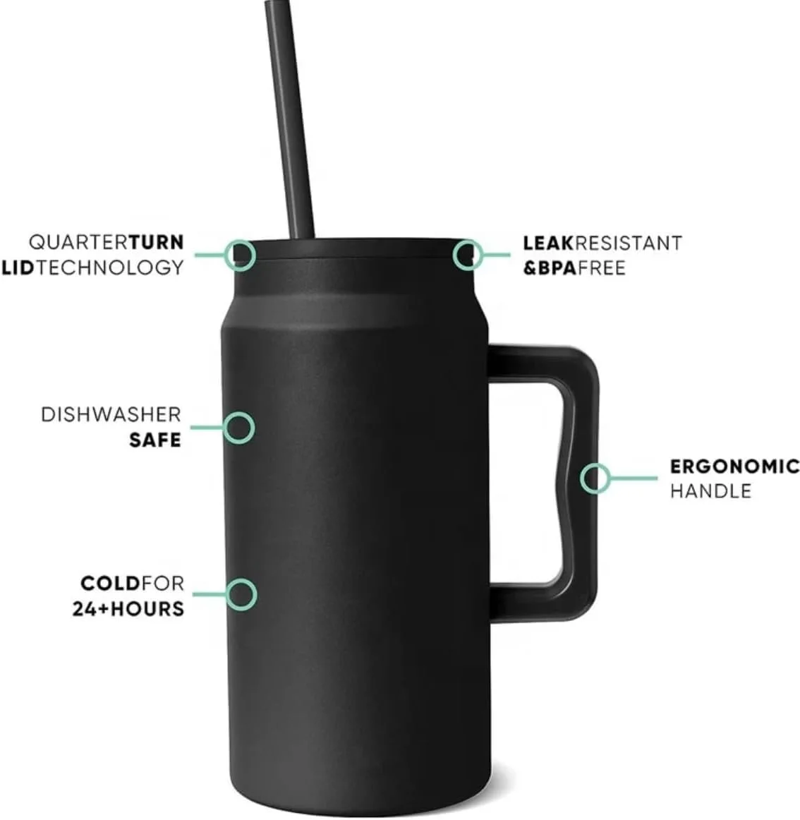 ماگ سفری استیل ضد زنگ دوجداره با نی، درب ضد نشت، فلاسک عایق برای منزل، محل کار و مسافرت (مشکی)