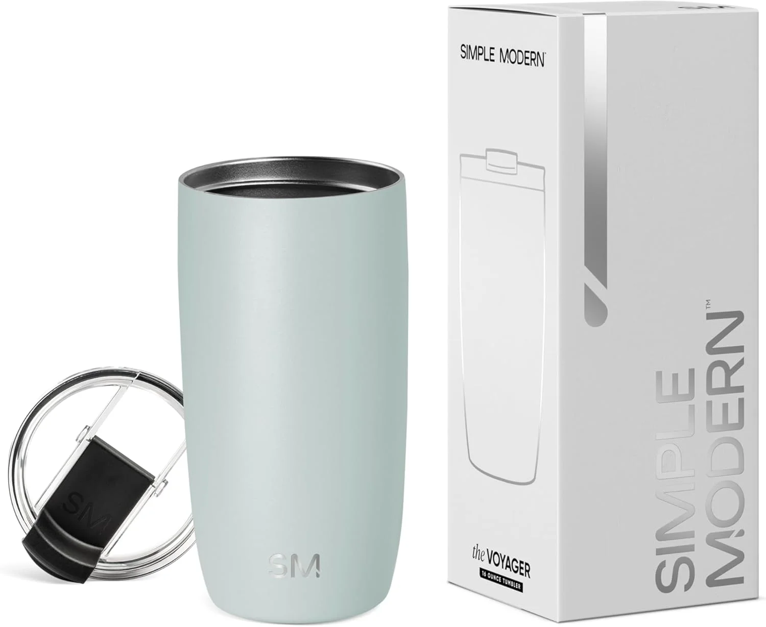 ماگ مسافرتی مدرن و ساده با درب چرخشی | لیوان استیل ضد زنگ عایق شده قابل استفاده مجدد برای قهوه سرد و یخ | هدیه برای خانم ها و آقایان | مجموعه Voyager | 470 میلی لیتر | Sea Glass Sage