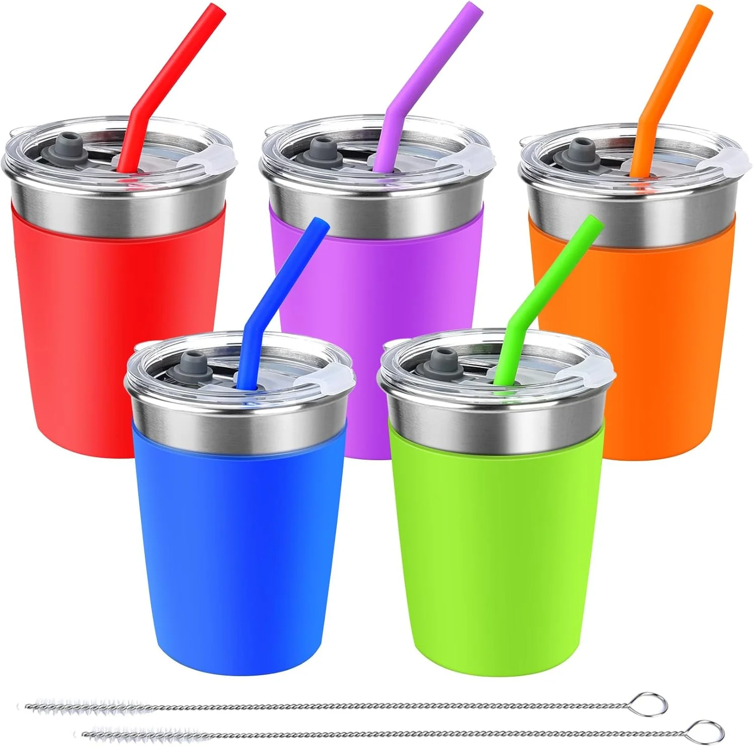 لیوان کودک با نی و درب ضد ریزش، بسته 6 عددی لیوان استیل 350 میلی لیتری به همراه زیر لیوانی، لیوان آب نشکن، لیوان فلزی بدون BPA برای کودکان، بزرگسالان، داخل خانه، خارج از خانه