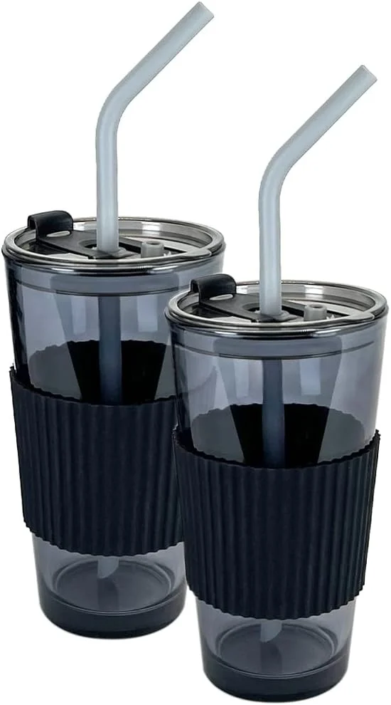 لیوان های شیشه ای SOFOAERY با درب و نی شیشه ای، لیوان قهوه سرد 440 میلی لیتری با روکش محافظ سیلیکونی، ست لیوان شیشه ای برای قهوه، اسموتی، چای بوبا، آب، نوشیدنی های آبمیوه، شیر سودا 2 عددی (مشکی)