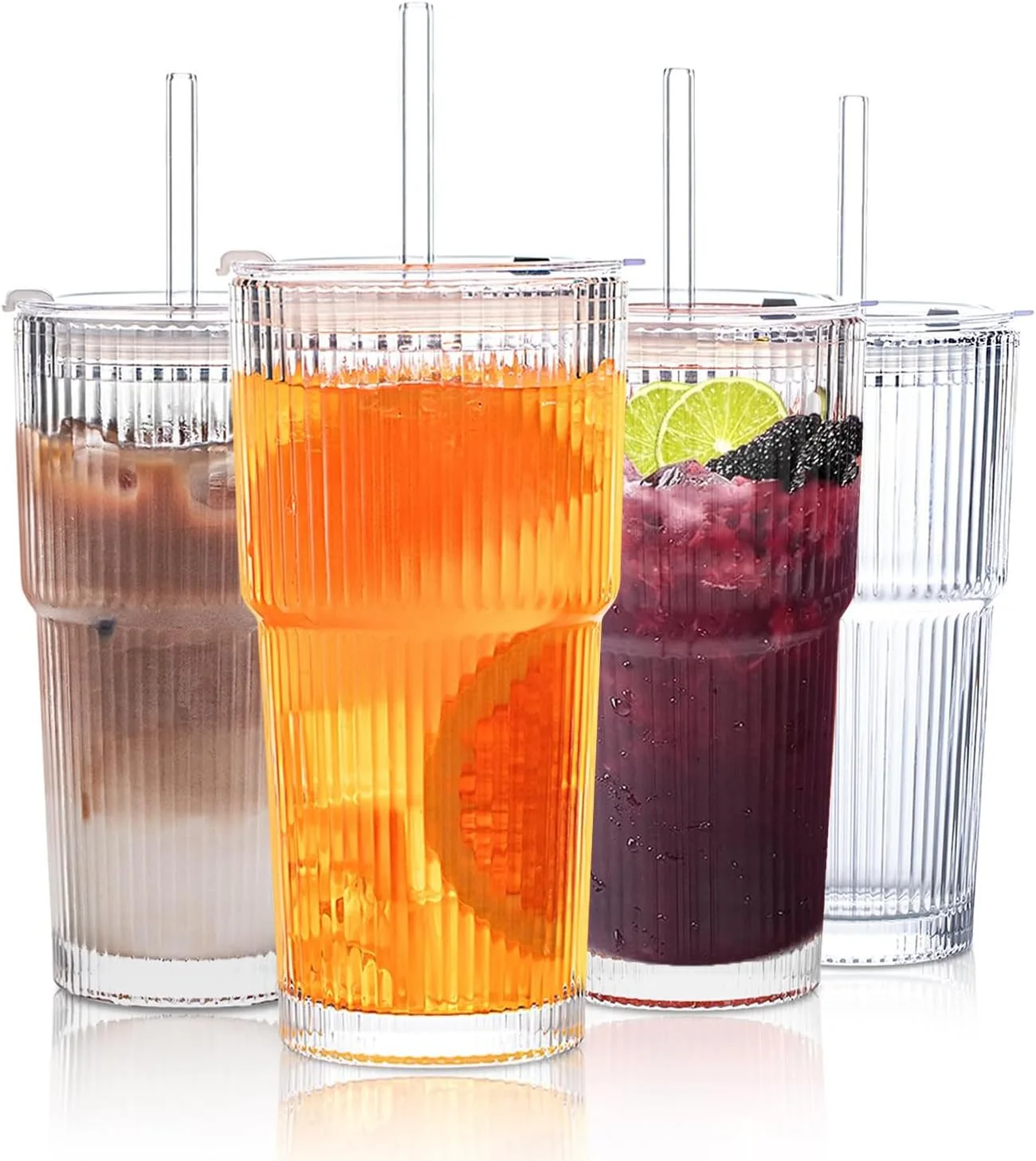 ست لیوان شیشه ای راه راه 500 میلی لیتری 4 عددی - لیوان های نوشیدنی با ظرفیت بزرگ برای قهوه سرد، آب، آبمیوه و کوکتل - ظروف شیشه ای مدرن و شیک برای استفاده روزمره و مناسبت های خاص