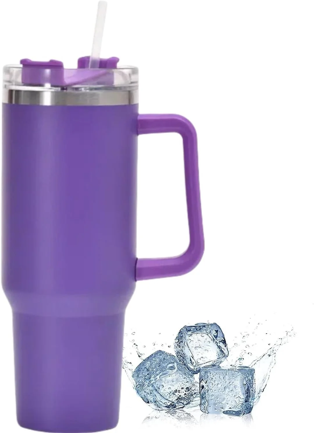 ماگ دو جداره استیل ضد زنگ با درب ضد ریزش و نی، ماگ عایق خلاء 1200 میلی لیتری برای نوشیدنی های گرم یا سرد، بطری آب قابل استفاده مجدد (بنفش)