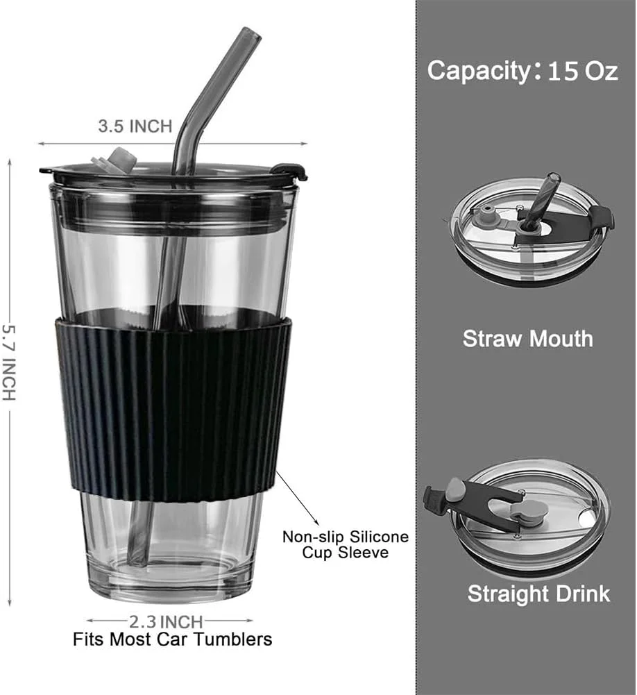 لیوان های شیشه ای SOFOAERY با درب و نی شیشه ای، لیوان قهوه سرد 440 میلی لیتری با روکش محافظ سیلیکونی، ست لیوان شیشه ای برای قهوه، اسموتی، چای بوبا، آب، نوشیدنی های آبمیوه، شیر سودا 2 عددی (مشکی)