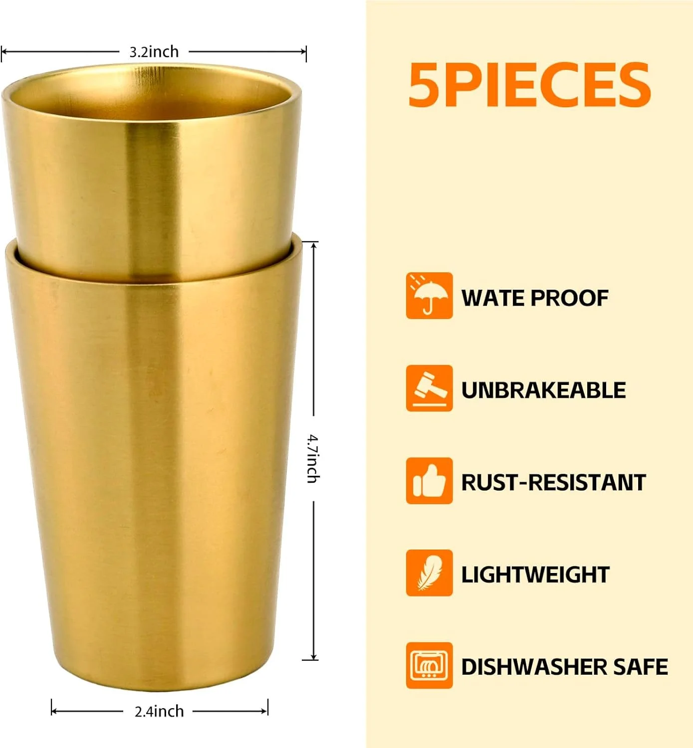 ست 2 عددی لیوان استیل عایق TERRIFI، لیوان های فلزی کوچک دوجداره 350 میلی لیتری، قابل استفاده مجدد و نشکن برای استفاده در داخل/خارج از منزل - ایده آل برای مهمانی ها، دفتر و کمپینگ (طلایی)