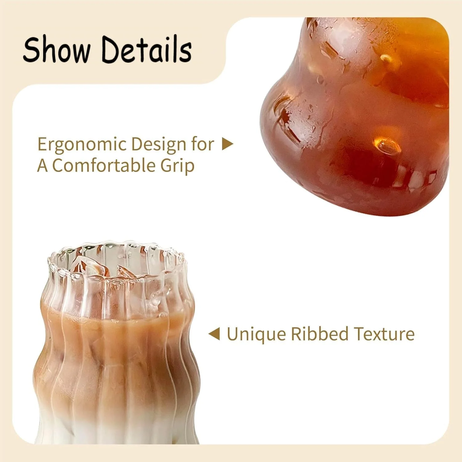 ست دو عددی لیوان شیشه ای دنده ای SKY-TOUCH، 530 میلی لیتر، لیوان نوشیدنی موج دار زیبا برای قهوه سرد، آبمیوه، شیر، چای، اسموتی، نوشیدنی های سرد، ست لیوان حبابی وینتیج