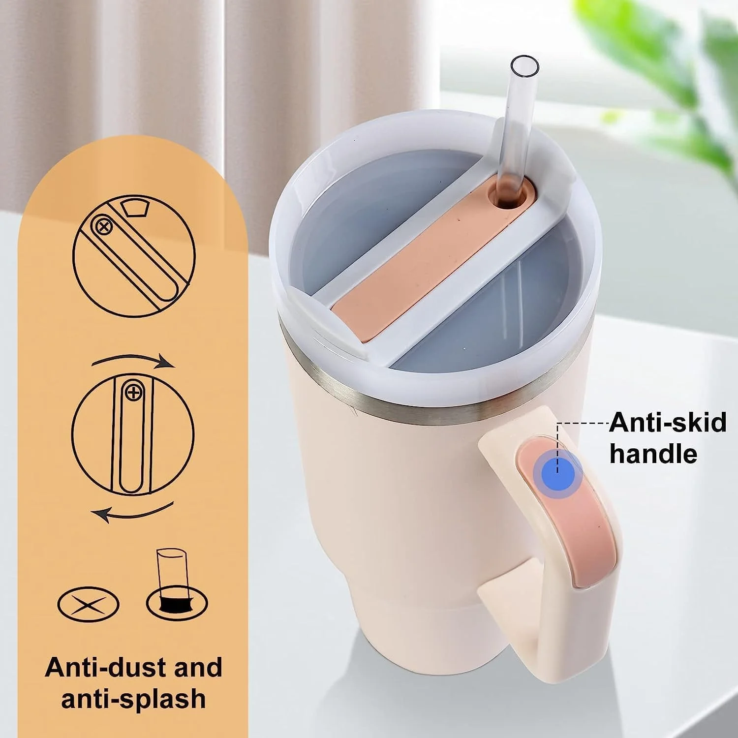 ماگ سفری استیل ضد زنگ دوجداره با نی، درب ضد نشت، عایق سرما/گرما، مناسب مسافرت، خانه، دفتر، مهمانی، کمپینگ (صورتی)