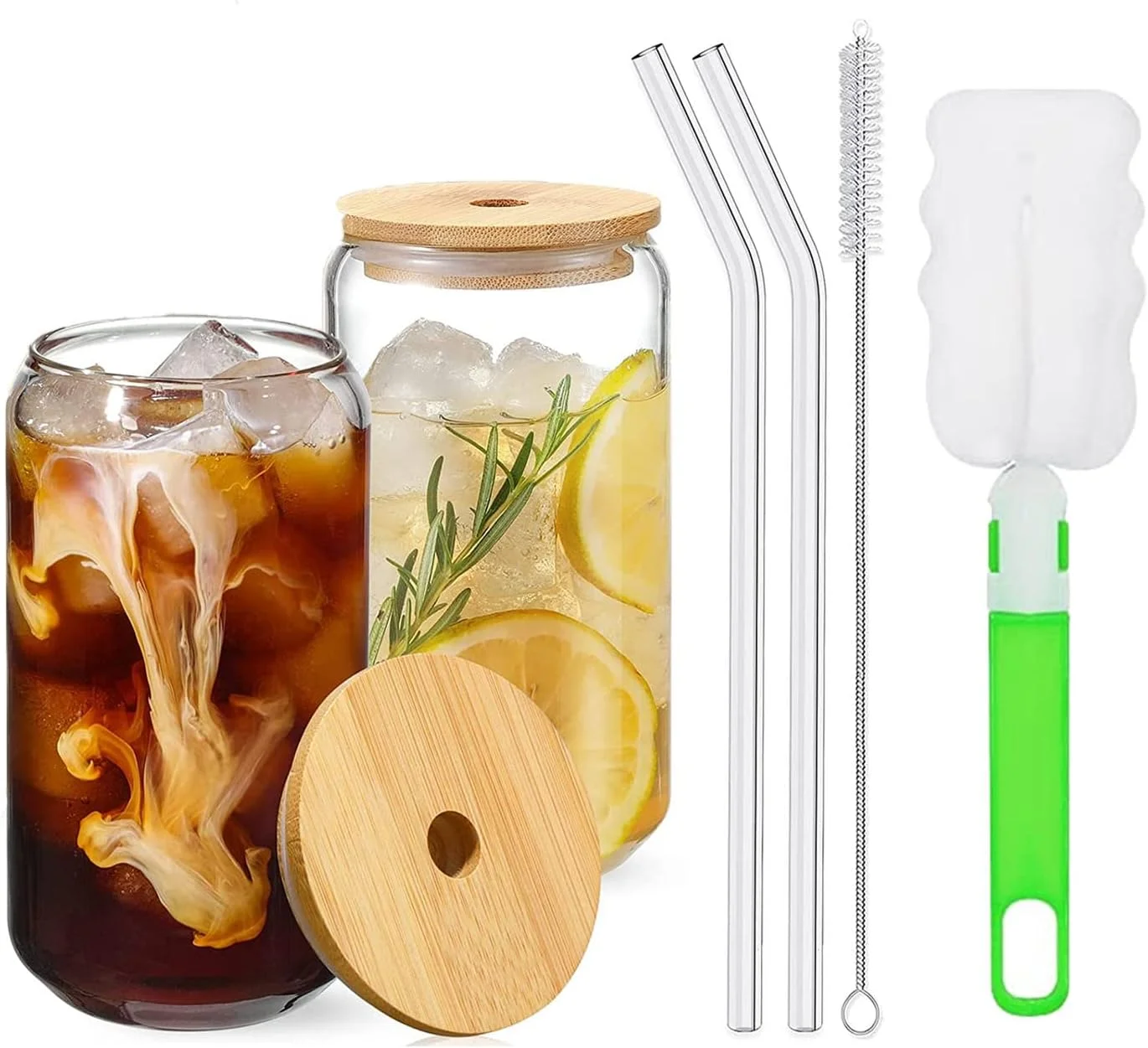 لیوان های نوشیدنی TAPIT، 2 عدد، همراه با درب بامبو و نی شیشه ای، لیوان های شیشه ای به شکل قوطی نوشابه، فنجان ایده آل برای نوشیدنی، چای، سودا، قهوه سرد، شامل 2 برس تمیز کننده (2 عدد، 400 میلی لیتر * 2)