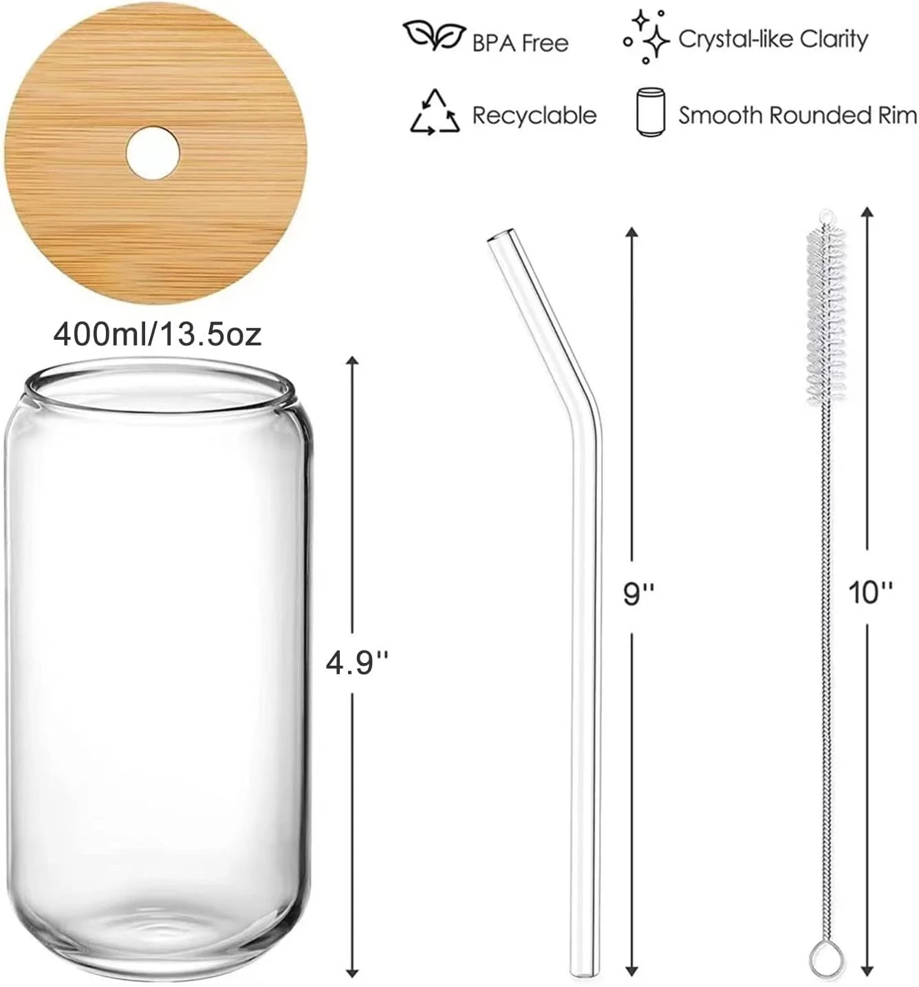 لیوان های نوشیدنی TAPIT، 2 عدد، همراه با درب بامبو و نی شیشه ای، لیوان های شیشه ای به شکل قوطی نوشابه، فنجان ایده آل برای نوشیدنی، چای، سودا، قهوه سرد، شامل 2 برس تمیز کننده (2 عدد، 400 میلی لیتر * 2)