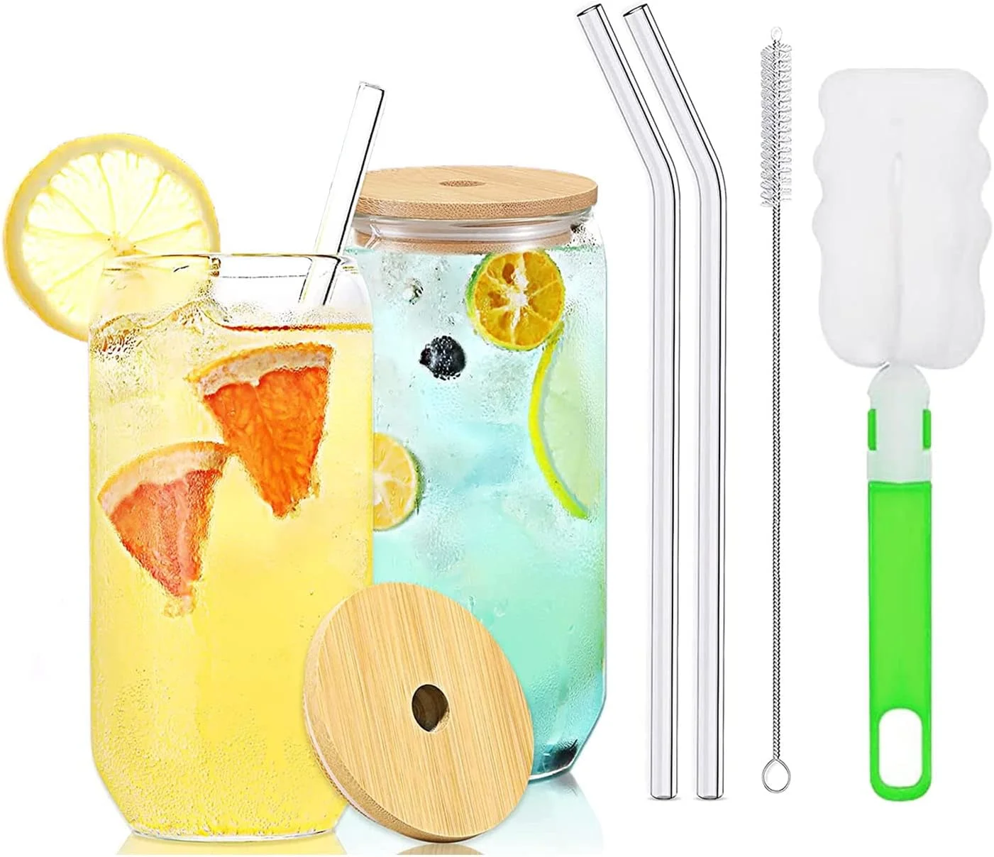 لیوان های نوشیدنی TAPIT، 2 عدد، با درب بامبو و نی شیشه ای، لیوان های شیشه ای به شکل قوطی نوشابه، فنجان ایده آل برای نوشیدنی، چای، سودا، قهوه سرد، شامل 2 برس تمیز کننده (2 عدد، 500 میلی لیتر * 2)