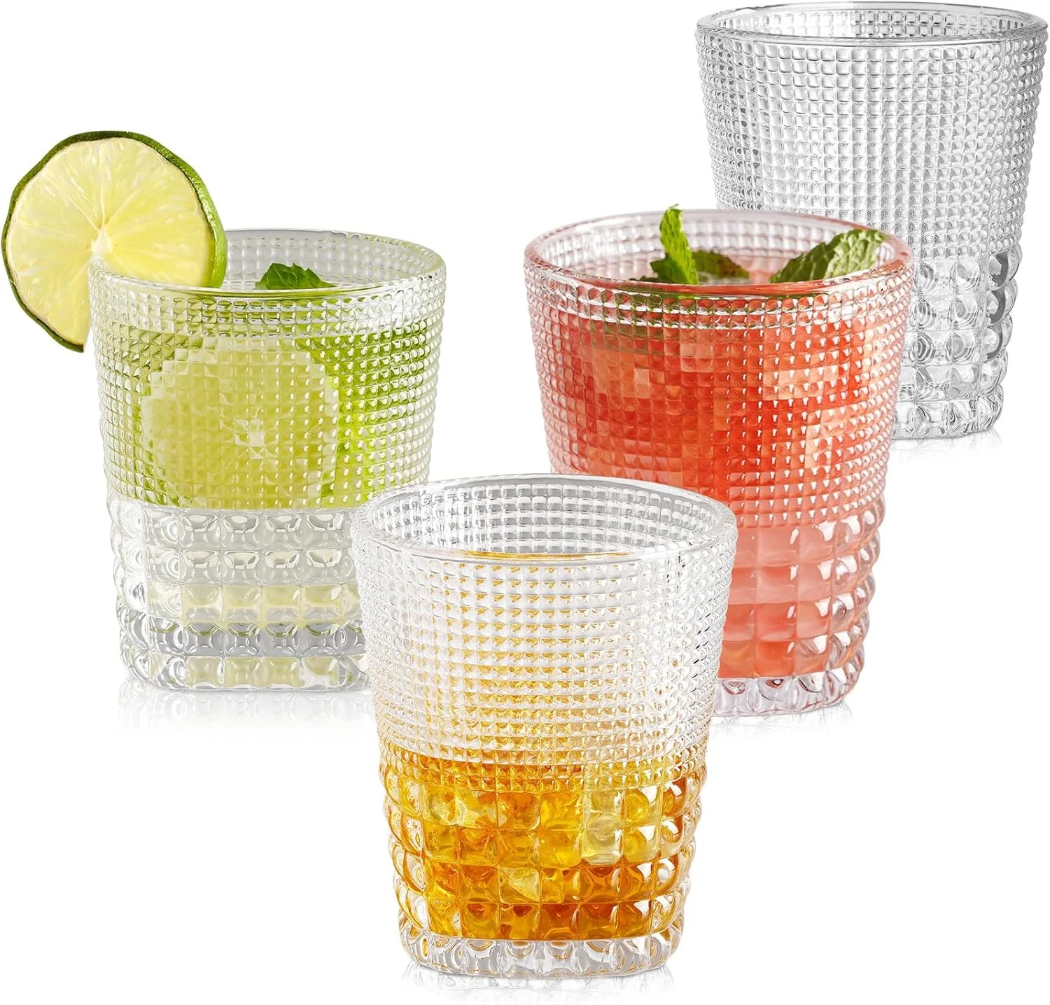 لیوان های شیشه ای برجسته TKNO مدل 4X 309ml مناسب آب، نوشیدنی، شیر، آبمیوه، کوکتل، ست لیوان های نوشیدنی حباب دار قدیمی، ایده آل برای خانه، رستوران، مجالس و مهمانی ها