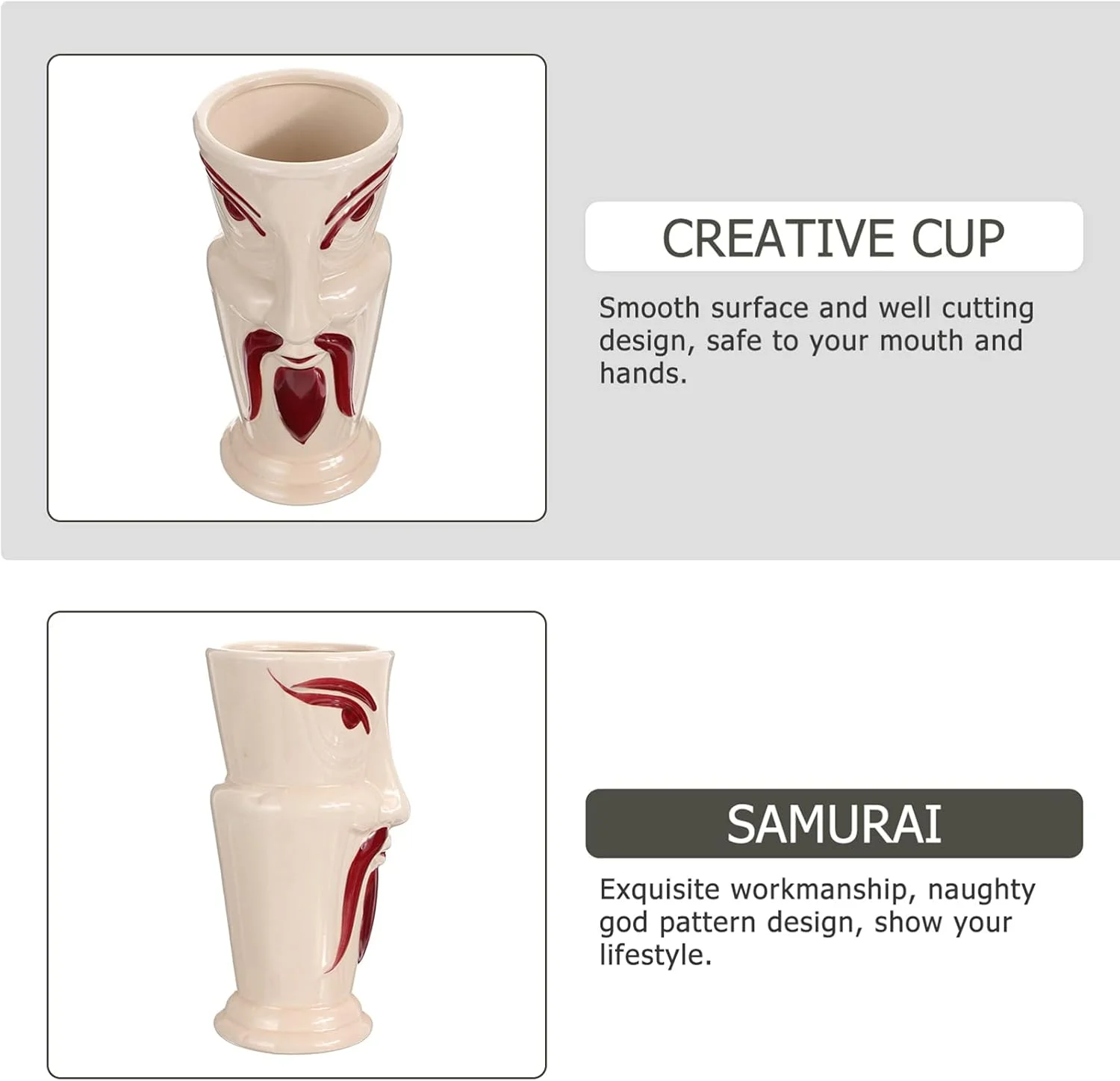 لیوان تیکی TOYMYTOY، جام کوکتل، لیوان سرامیکی طرح سامورایی، لیوان شراب، لیوان نوشیدنی، لیوان آب برای نوشیدنی، مناسب برای مهمانی، قهوه، شیر، آبمیوه و آبجو