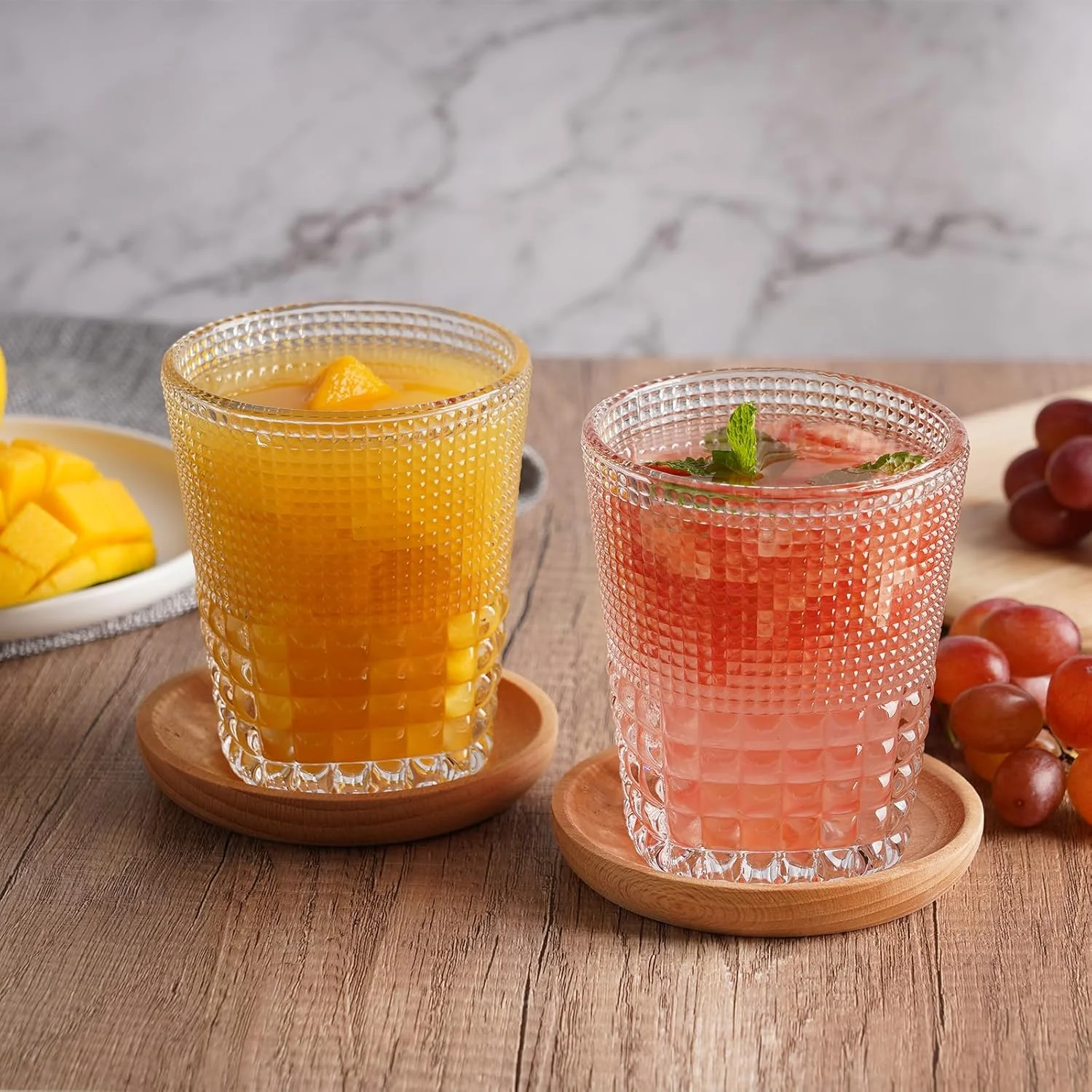 لیوان های شیشه ای برجسته TKNO مدل 4X 309ml مناسب آب، نوشیدنی، شیر، آبمیوه، کوکتل، ست لیوان های نوشیدنی حباب دار قدیمی، ایده آل برای خانه، رستوران، مجالس و مهمانی ها