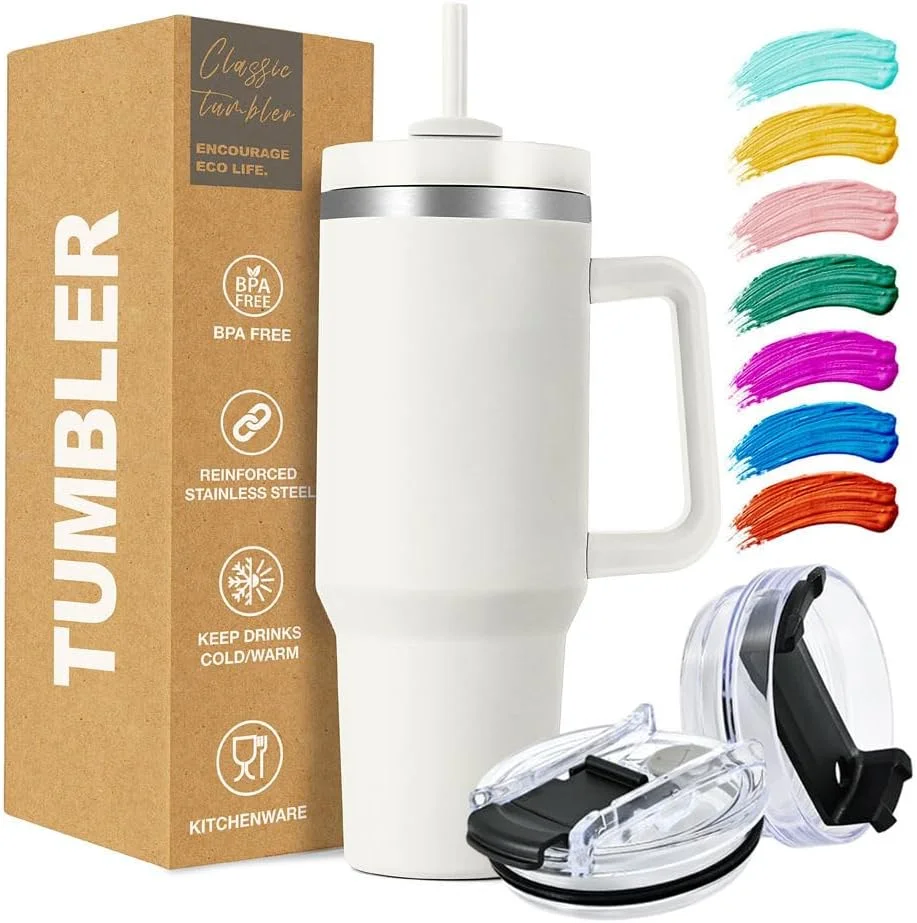 تراول تامبلر | تامبلر کلاسیک 40 اونسی با درب و نی | هدیه برای خانم ها و آقایان | 40 اونس - (سفید)