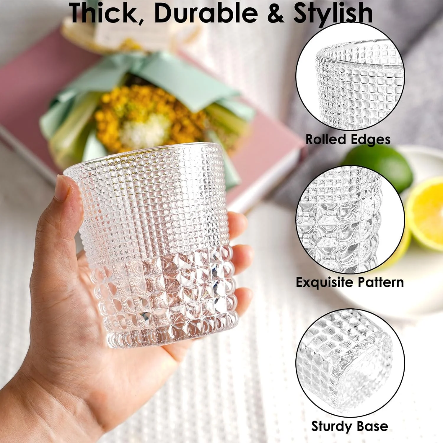 لیوان های شیشه ای برجسته TKNO مدل 4X 309ml مناسب آب، نوشیدنی، شیر، آبمیوه، کوکتل، ست لیوان های نوشیدنی حباب دار قدیمی، ایده آل برای خانه، رستوران، مجالس و مهمانی ها