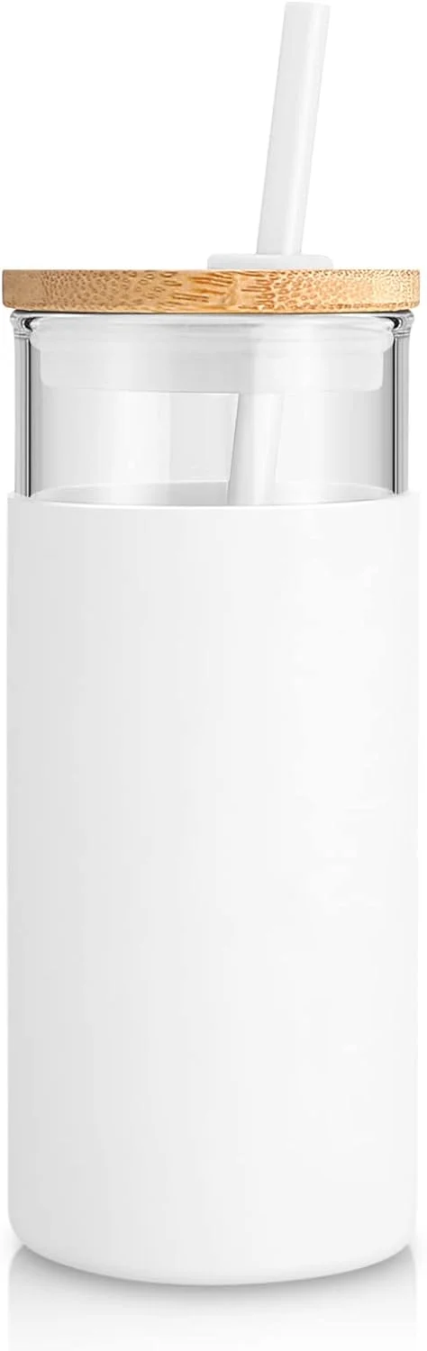 لیوان شیشه ای ترونکو با نی و درب، لیوان شیشه ای با درب و نی، لیوان اسموتی، لیوان قهوه سرد - درب بامبو و روکش محافظ سیلیکونی - فاقد BPA