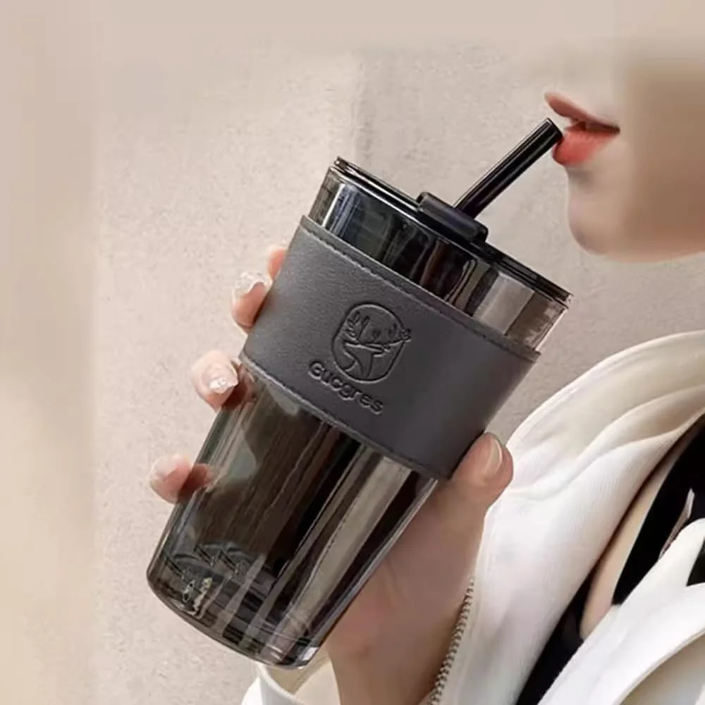 لیوان آب شیشه ای 450 میلی لیتری با نی و درب، دارای پوشش ضد لغزش، تمیز کردن آسان، مناسب برای سفر، برای آب، چای سرد و آبمیوه.