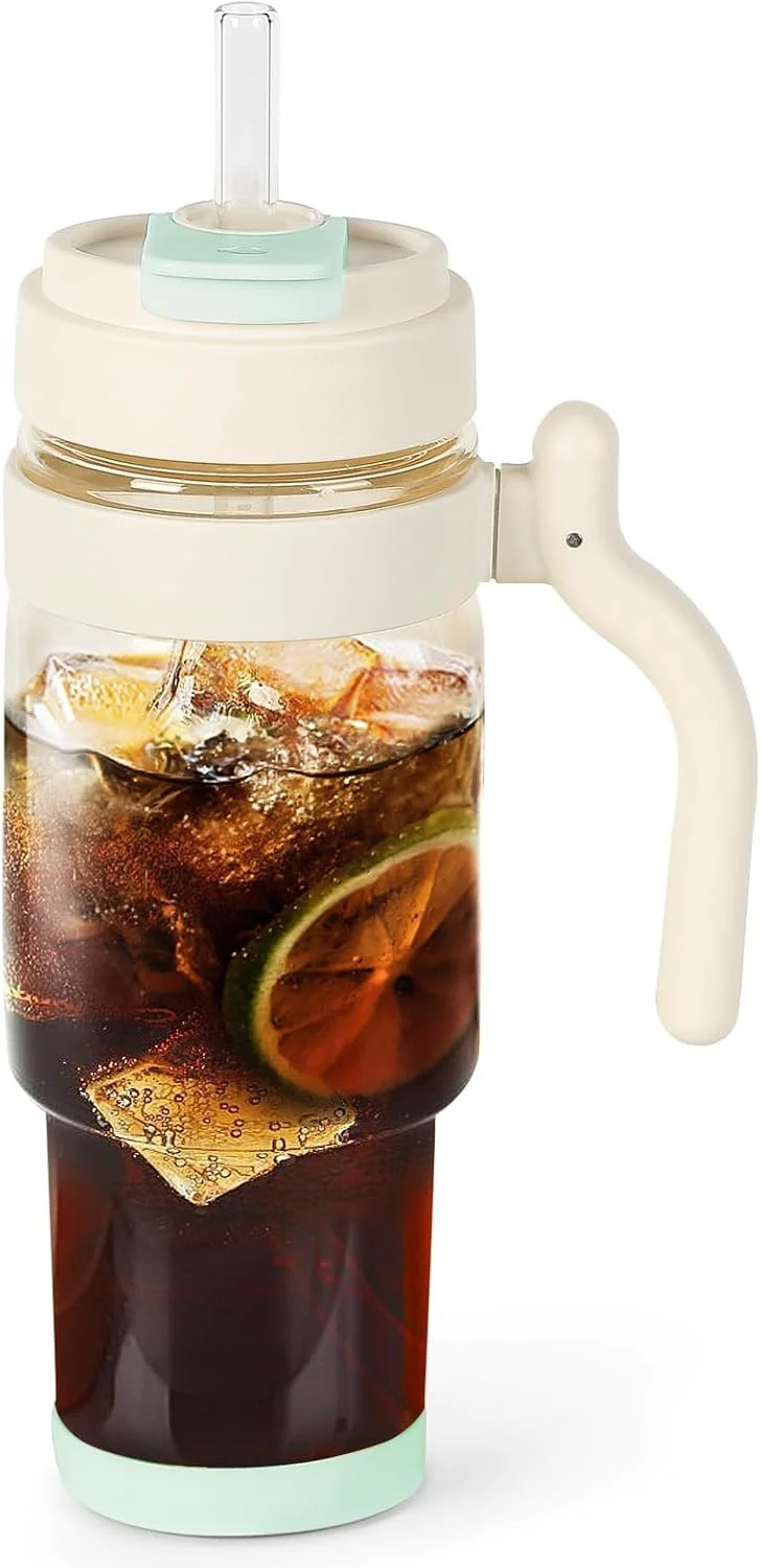 لیوان شیشه ای دسته دار 946 میلی لیتری، بطری آب شیشه ای با درب و نی، فاقد سرب، دهانه گشاد، مناسب برای اسموتی، جا لیوانی خودرو، مناسب برای دفتر، خانه، رانندگی و هدیه