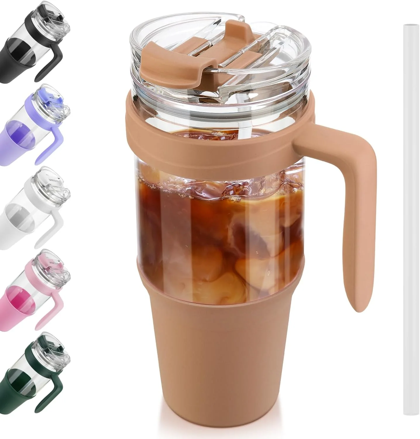 لیوان شیشه ای ترونکو 40oz با نی و درب، لیوان شیشه ای ضد نشت با نی تاشو و دسته، بطری آب شیشه ای مناسب جا لیوانی، بدون BPA، قابل شستشو در ماشین ظرفشویی