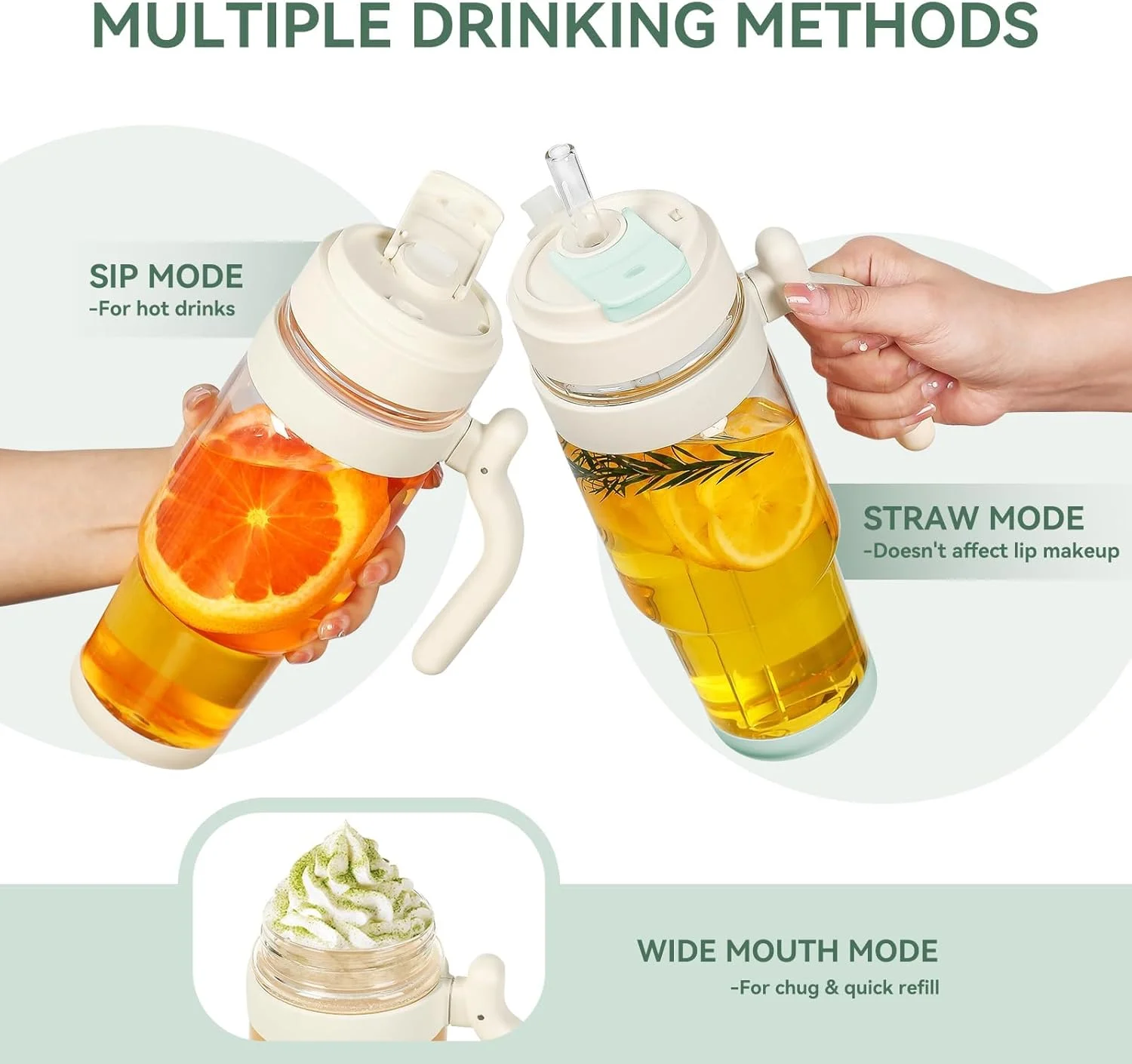 لیوان شیشه ای دسته دار 946 میلی لیتری، بطری آب شیشه ای با درب و نی، فاقد سرب، دهانه گشاد، مناسب برای اسموتی، جا لیوانی خودرو، مناسب برای دفتر، خانه، رانندگی و هدیه