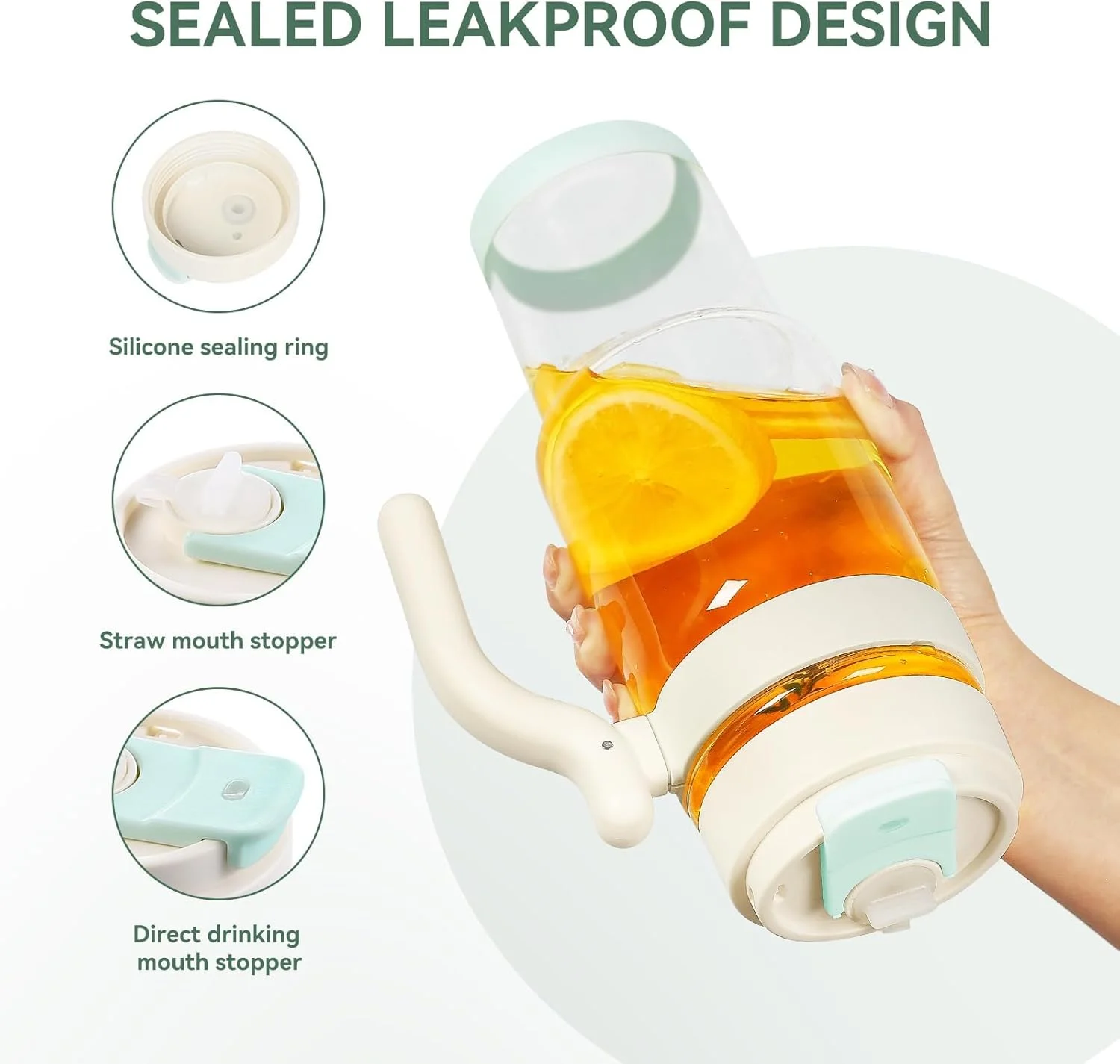 لیوان شیشه ای دسته دار 946 میلی لیتری، بطری آب شیشه ای با درب و نی، فاقد سرب، دهانه گشاد، مناسب برای اسموتی، جا لیوانی خودرو، مناسب برای دفتر، خانه، رانندگی و هدیه