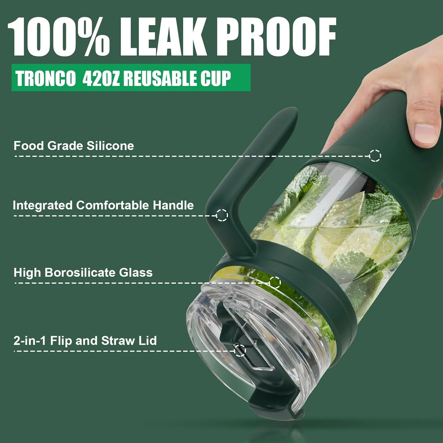 لیوان شیشه ای ترونکو 40oz با نی و درب، لیوان شیشه ای ضد نشت با نی تاشو و دسته، بطری آب شیشه ای مناسب جا لیوانی، بدون BPA، قابل شستشو در ماشین ظرفشویی