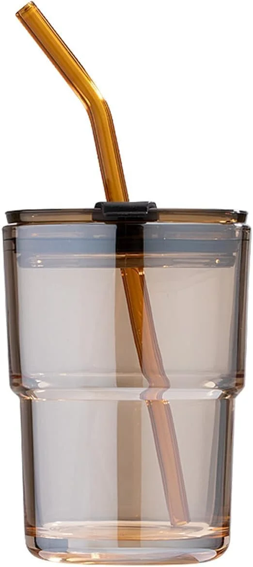 لیوان آب تومبلر، ماگ های شیشه ای قهوه با نی و درب، فنجان چای سرد شیشه ای عایق ضخیم با آستین محافظ (خاکستری)
