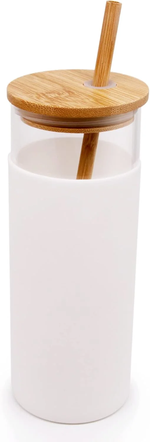 لیوان شیشه ای 473 میلی لیتری، 2 نی، آستین محافظ سیلیکونی، 2 درب بامبو، بدون BPA