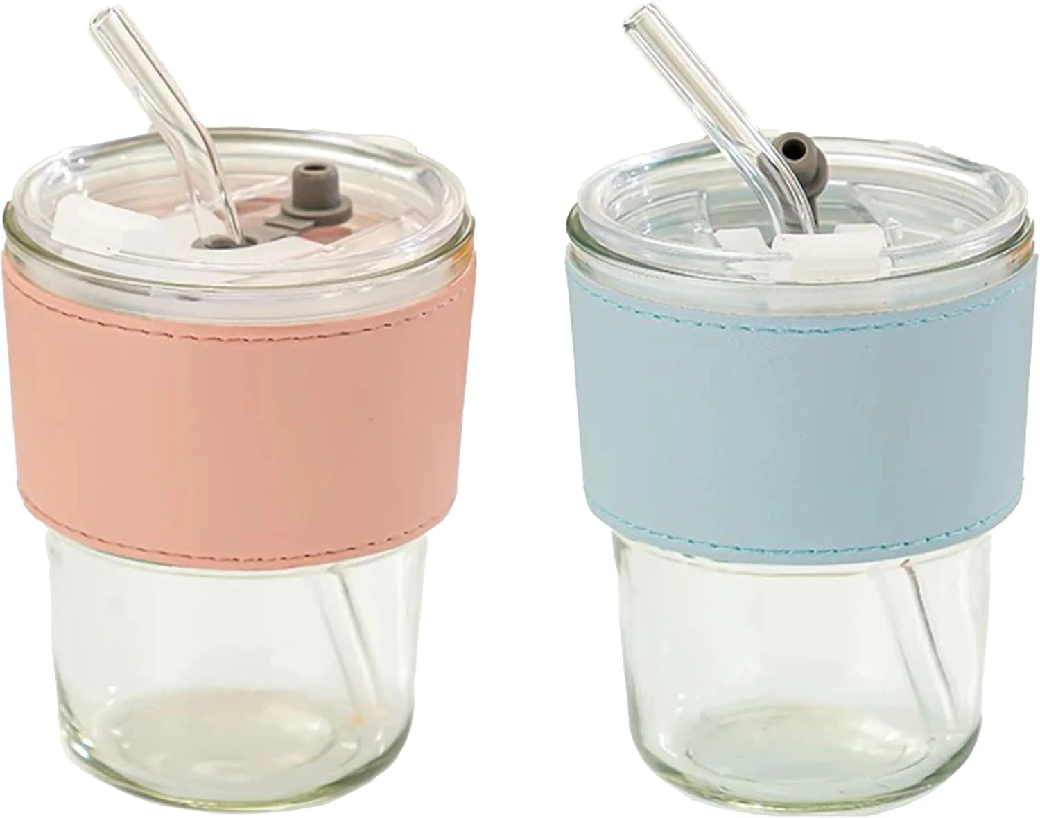 لیوان آب 384 میلی لیتری، ماگ قهوه شیشه ای با نی و درب (صورتی/آبی)