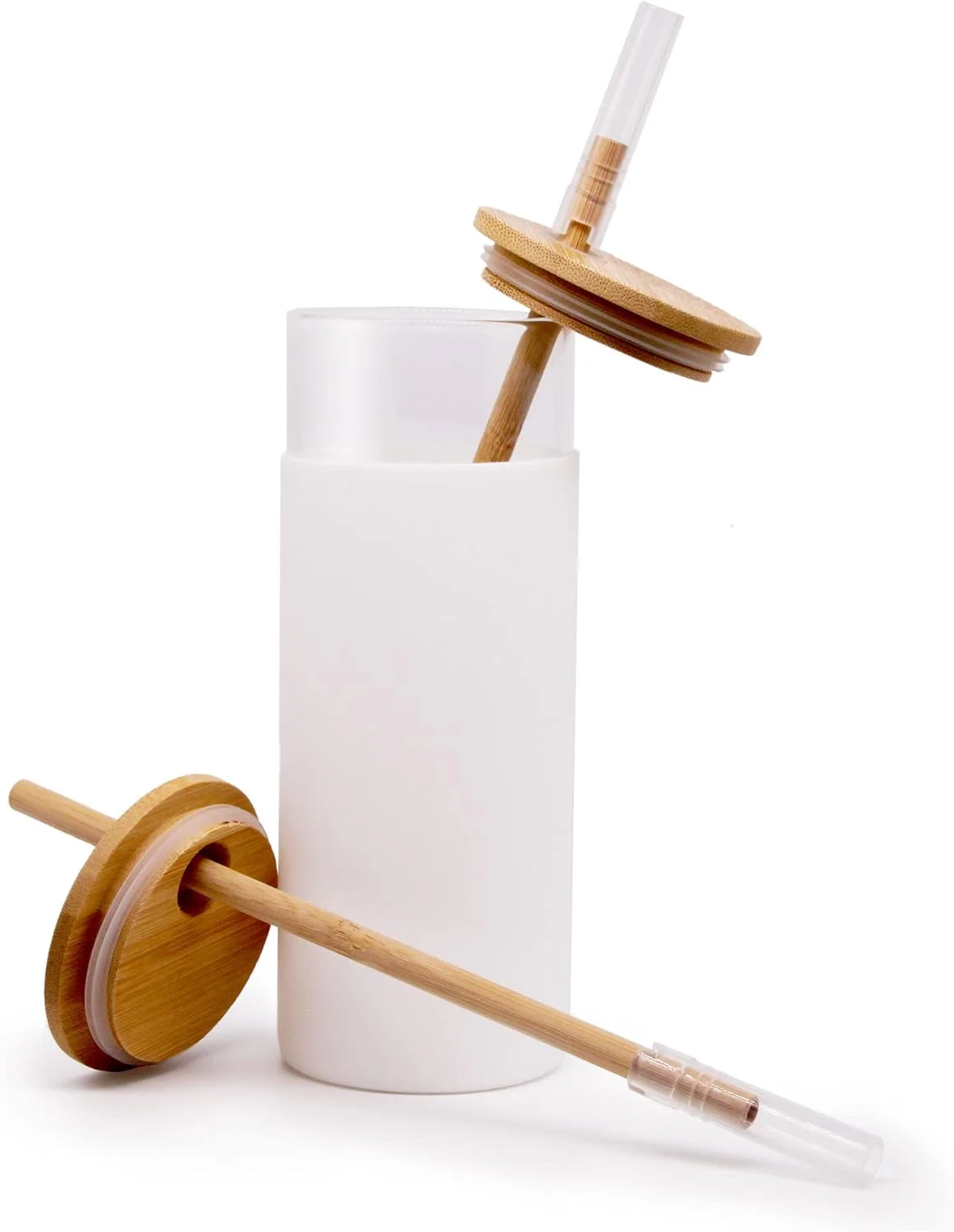 لیوان شیشه ای 473 میلی لیتری، 2 نی، آستین محافظ سیلیکونی، 2 درب بامبو، بدون BPA