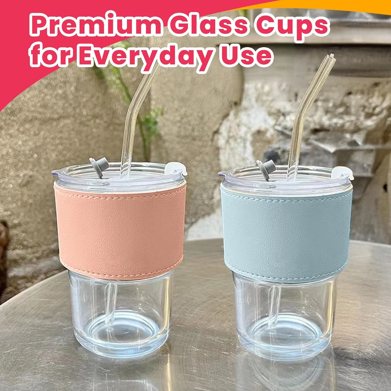 لیوان آب 384 میلی لیتری، ماگ قهوه شیشه ای با نی و درب (صورتی/آبی)