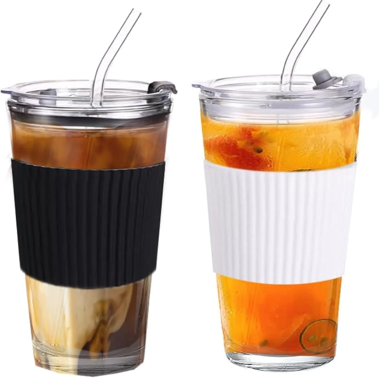 لیوان آب شیشه ای با نی و درب، لیوان قهوه سرد دیواره ضخیم قابل حمل و مهر و موم شده، لیوان مسافرتی، لیوان های شیشه ای قابل استفاده مجدد با روکش سیلیکونی، قابل استفاده برای نگهداری آب، چای، آبمیوه، 450 میلی لیتر (سیاه+سفید)