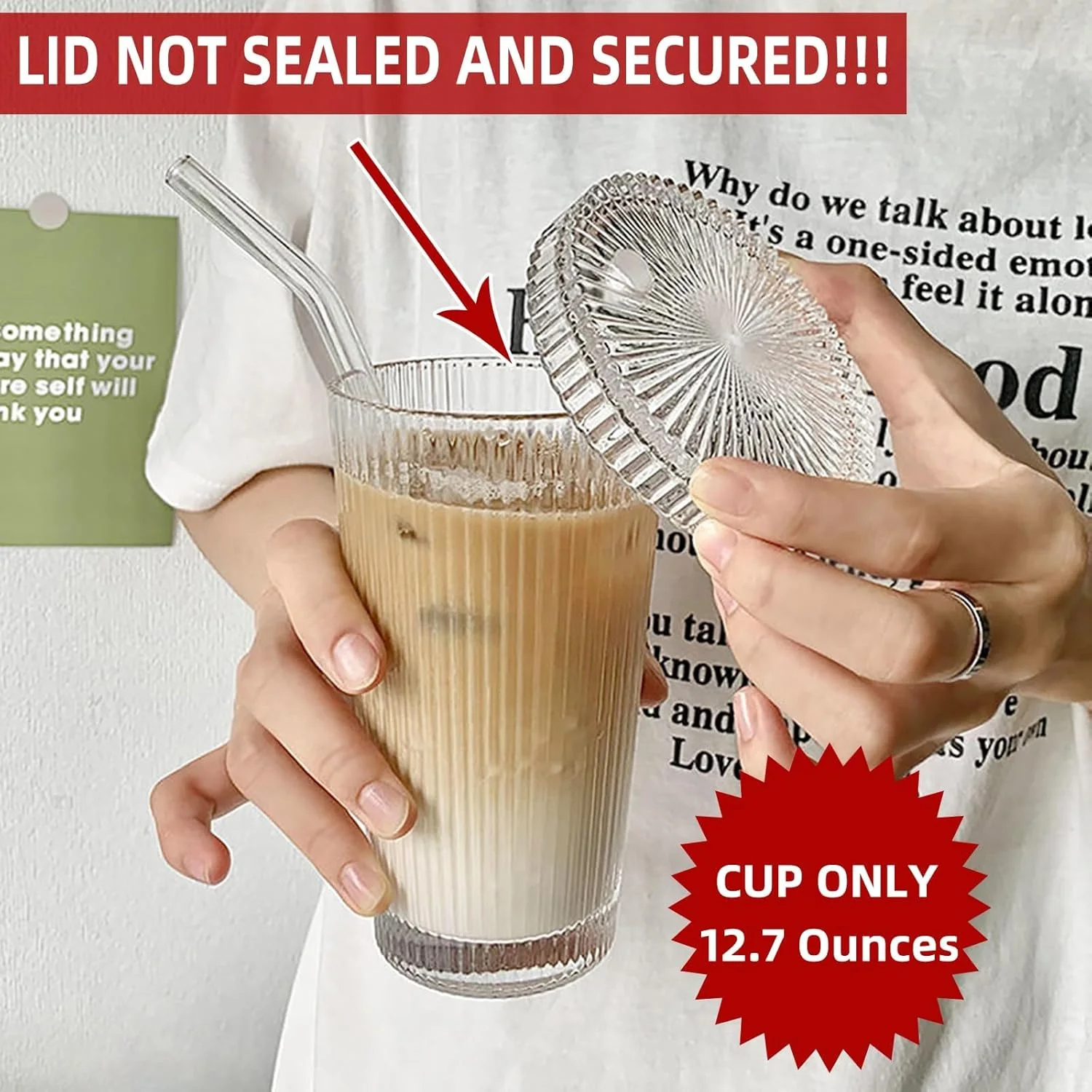 لیوان شیشه ای راه راه، فنجان قهوه شیشه ای با درب و نی، لیوان نوشیدنی 370 میلی لیتری برای آب، قهوه سرد، شیر، چای، آبمیوه (درب ها محکم بسته نمی شوند)