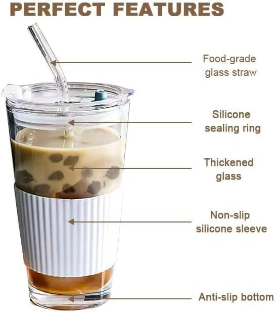 لیوان آب شیشه ای با نی و درب، لیوان قهوه سرد دیواره ضخیم قابل حمل و مهر و موم شده، لیوان مسافرتی، لیوان های شیشه ای قابل استفاده مجدد با روکش سیلیکونی، قابل استفاده برای نگهداری آب، چای، آبمیوه، 450 میلی لیتر (سیاه+سفید)